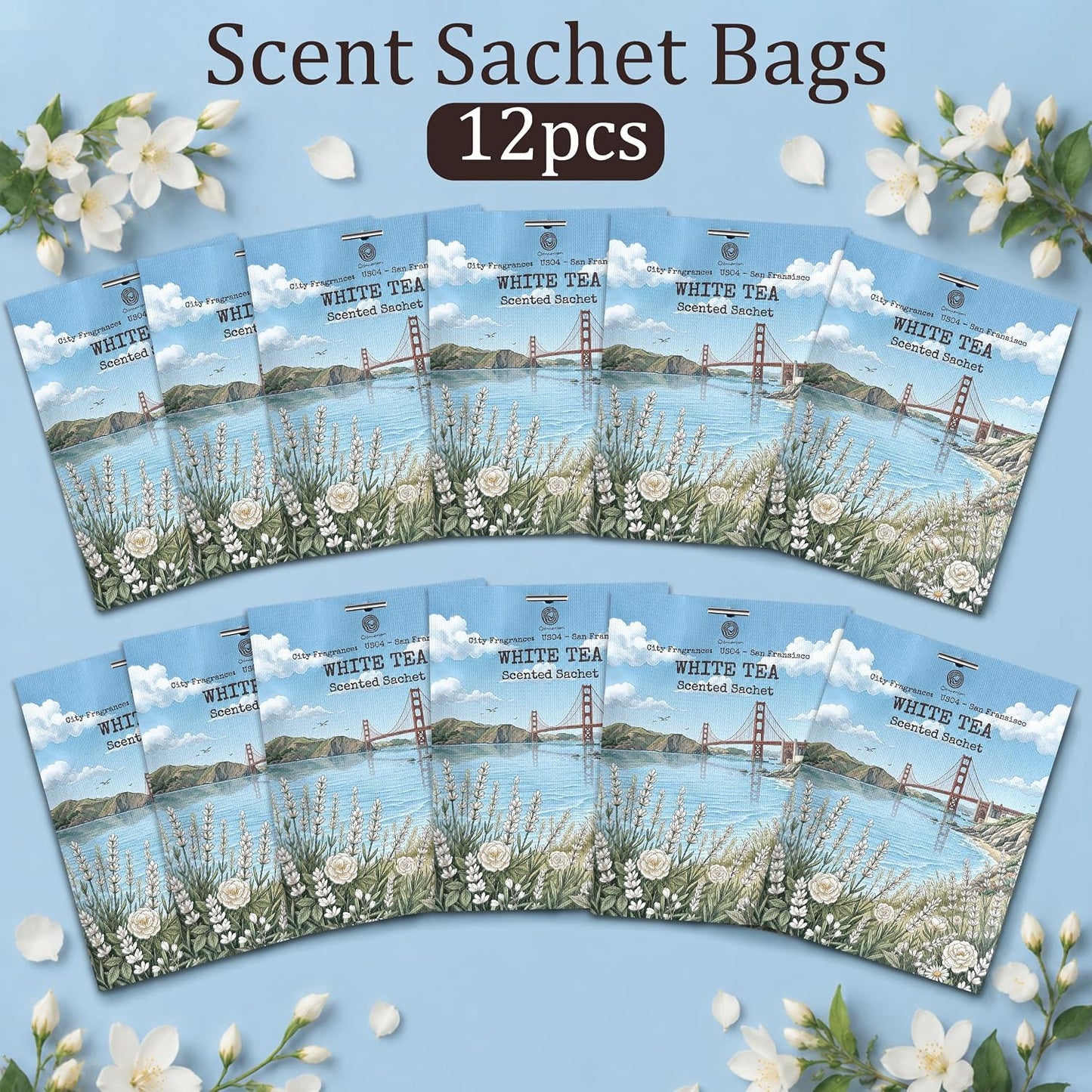 US04-San Francisco White Tea Sachets for Drawers, Closets & Cars, 12 Pack | Car Air Freshener sachets with San Francisco White Tea scent. Freshens closets, drawers, cars and small spaces.