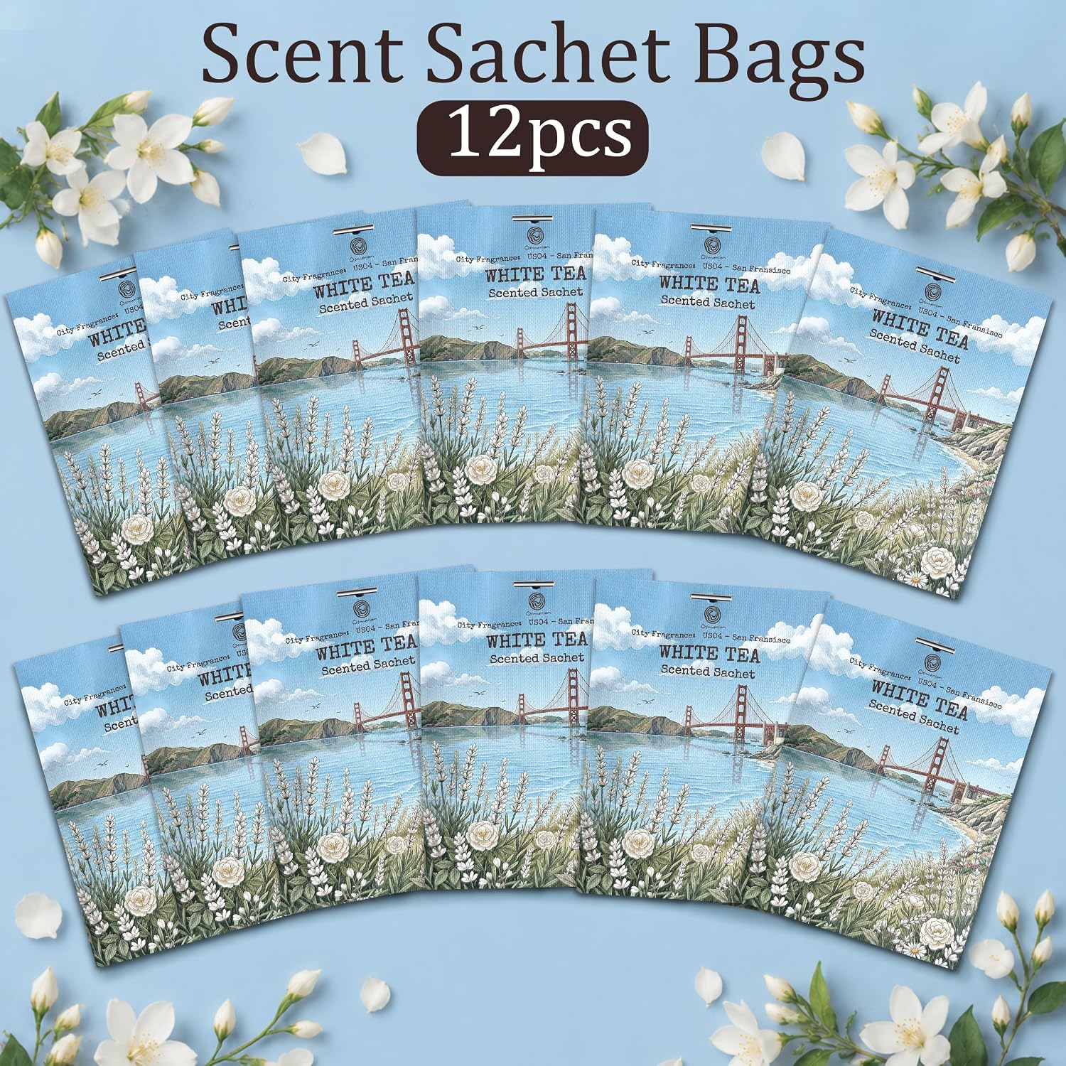 US04-San Francisco White Tea Sachets for Drawers, Closets & Cars, 12 Pack | Car Air Freshener sachets with San Francisco White Tea scent. Freshens closets, drawers, cars and small spaces.