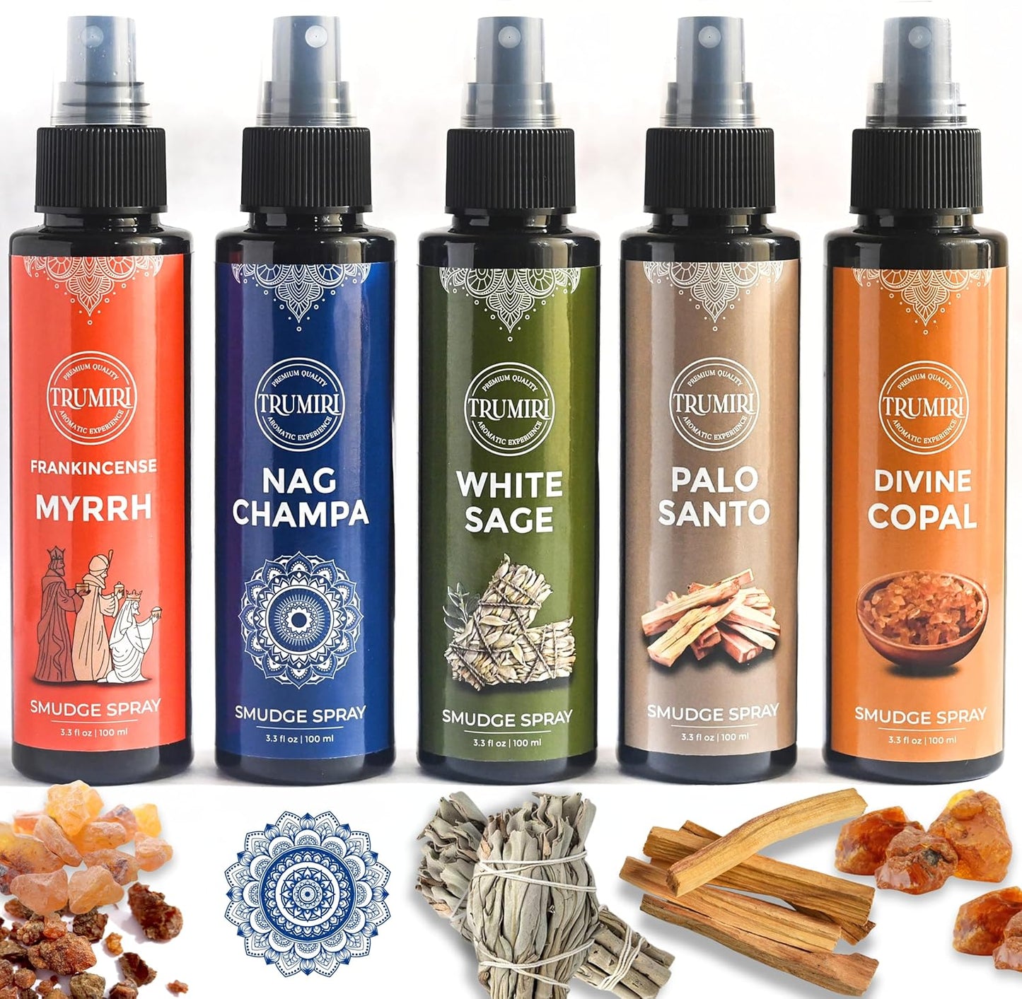 Set Of 5 Smudge Sprays White Sage|Palo Santo|Frankincense Myrrh|Nag Champa|Copal For Negative Energy Cleansing Of Home - Natural Room Sprays And Body Mists Made With Non Toxic Essential Oils