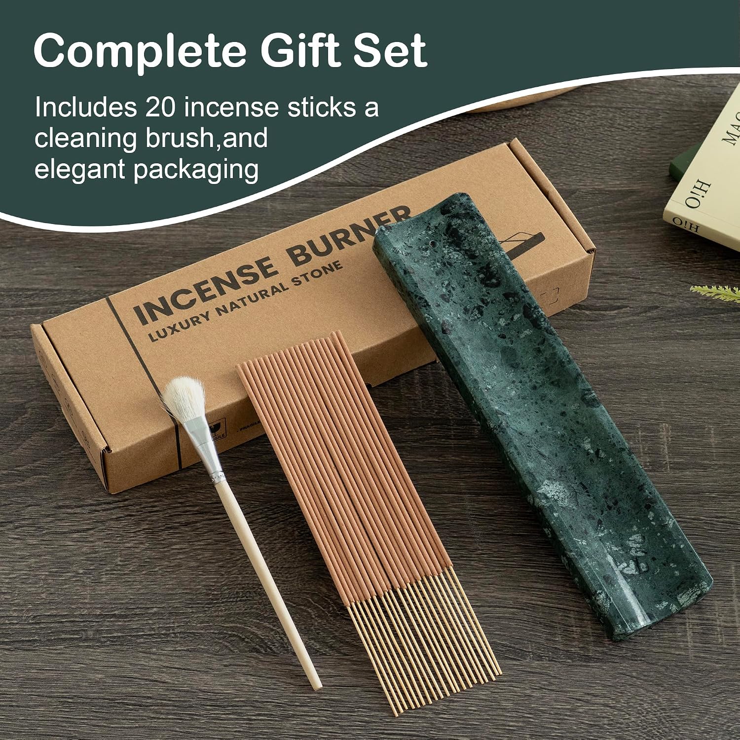 Marble Incense Holder Burner-Natural Stone Stick Incense Tray with Ash Catcher，20 Sticks & Brush - Elegant Decor for Meditation, Yoga, Home,Gift(Green)