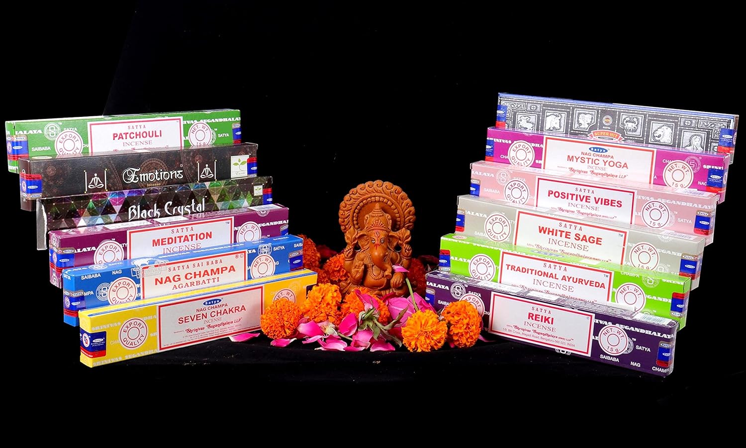 Satya Incense Sticks Patchouli White Sage Black Crystal Emotions Mystic Yoga Nag Champa Traditional Ayurveda Seven Chakra Superhit Positive Vibes Reiki (Series 2)