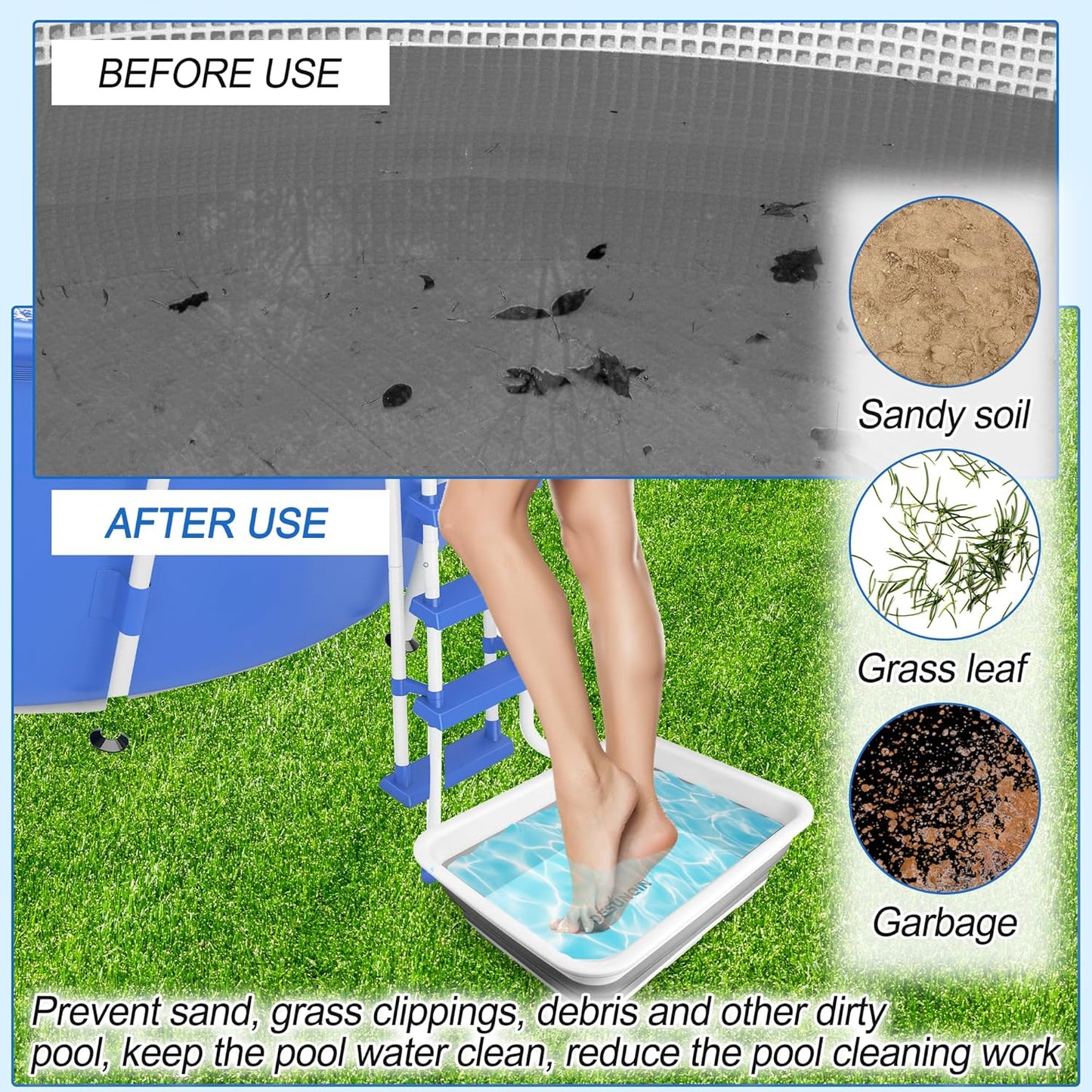 11.8" x 7.87" x 4.5" Pool Foot Bath Tray for Swimming Pool, Non- Slip Collapsible Foot Bath for Pool, Portable Foot Tub for Pool for Above Ground Pool Accessories, Rinse Feet Keep Pool Clean