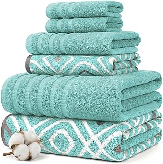 Modern Threads 6 Piece Bath Towel Set – Bathroom Set with 2 Bath Towels, 2 Hand Towels, and 2 Wash Cloths – 100% Cotton, Super Absorbent & Extra Soft – Reversible Classic Diamond (Aqua)