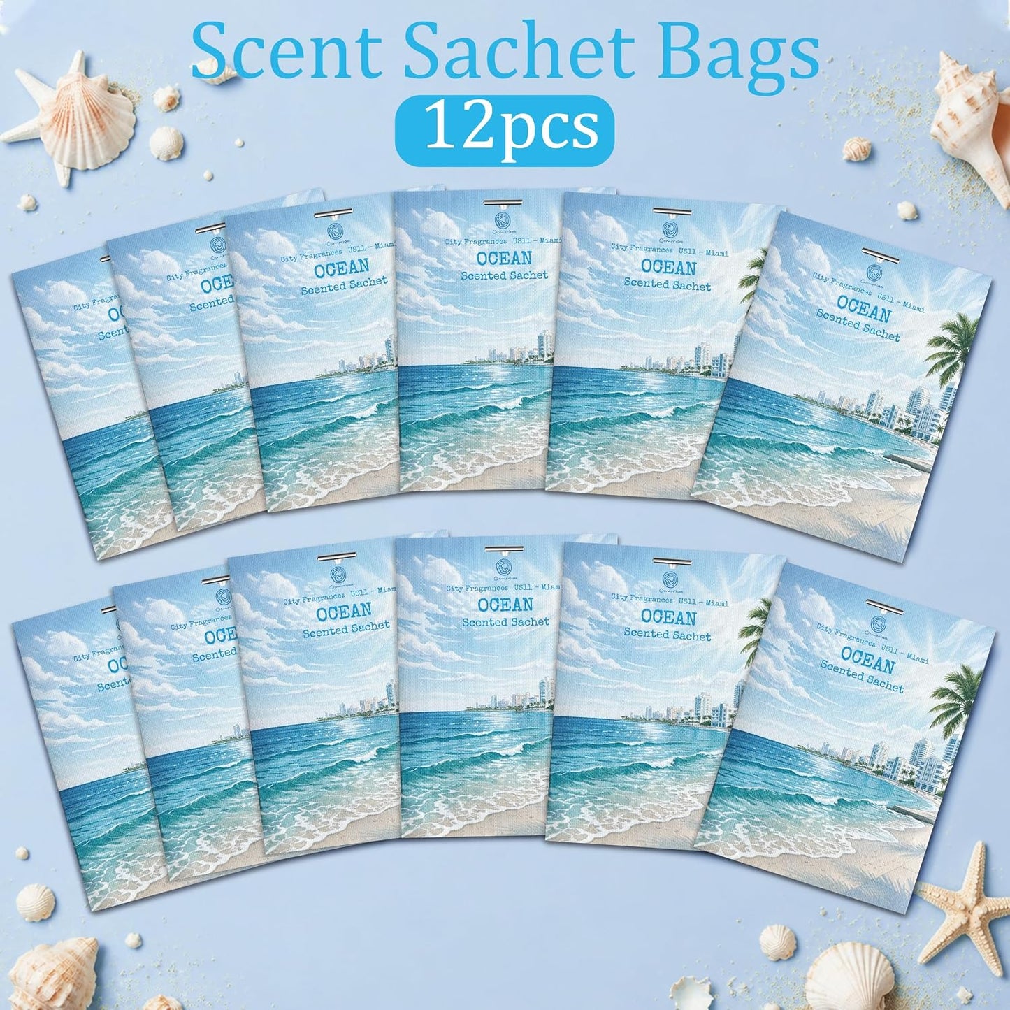 US11-Miami Ocean Scented Sachets for Drawers and Closets, Car Air Freshener Bags, Ocean Closet Freshener and Odor Eliminator for Wardrobe, Dresser, Car and Small Spaces 12 Pack