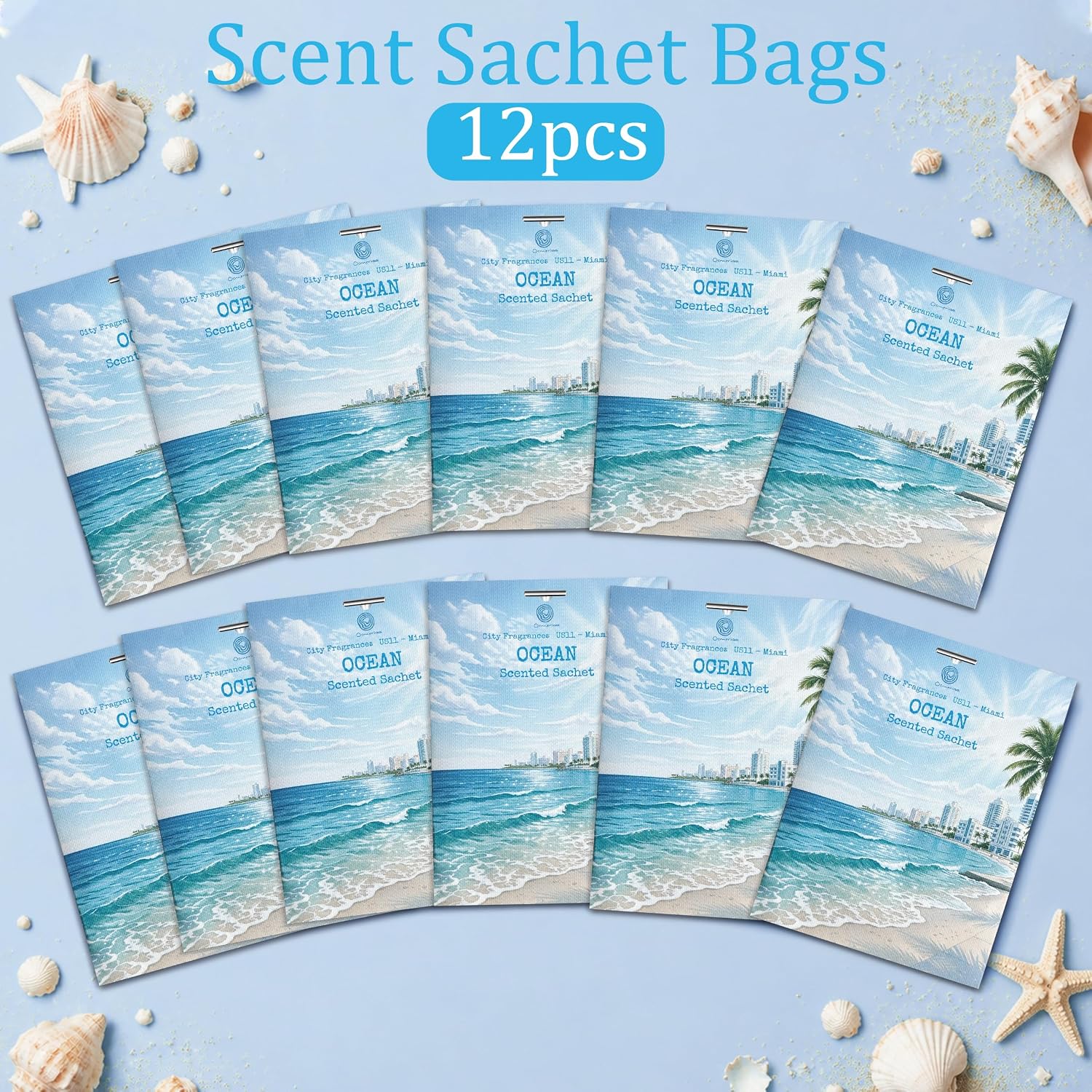 US11-Miami Ocean Scented Sachets for Drawers and Closets, Car Air Freshener Bags, Ocean Closet Freshener and Odor Eliminator for Wardrobe, Dresser, Car and Small Spaces 12 Pack