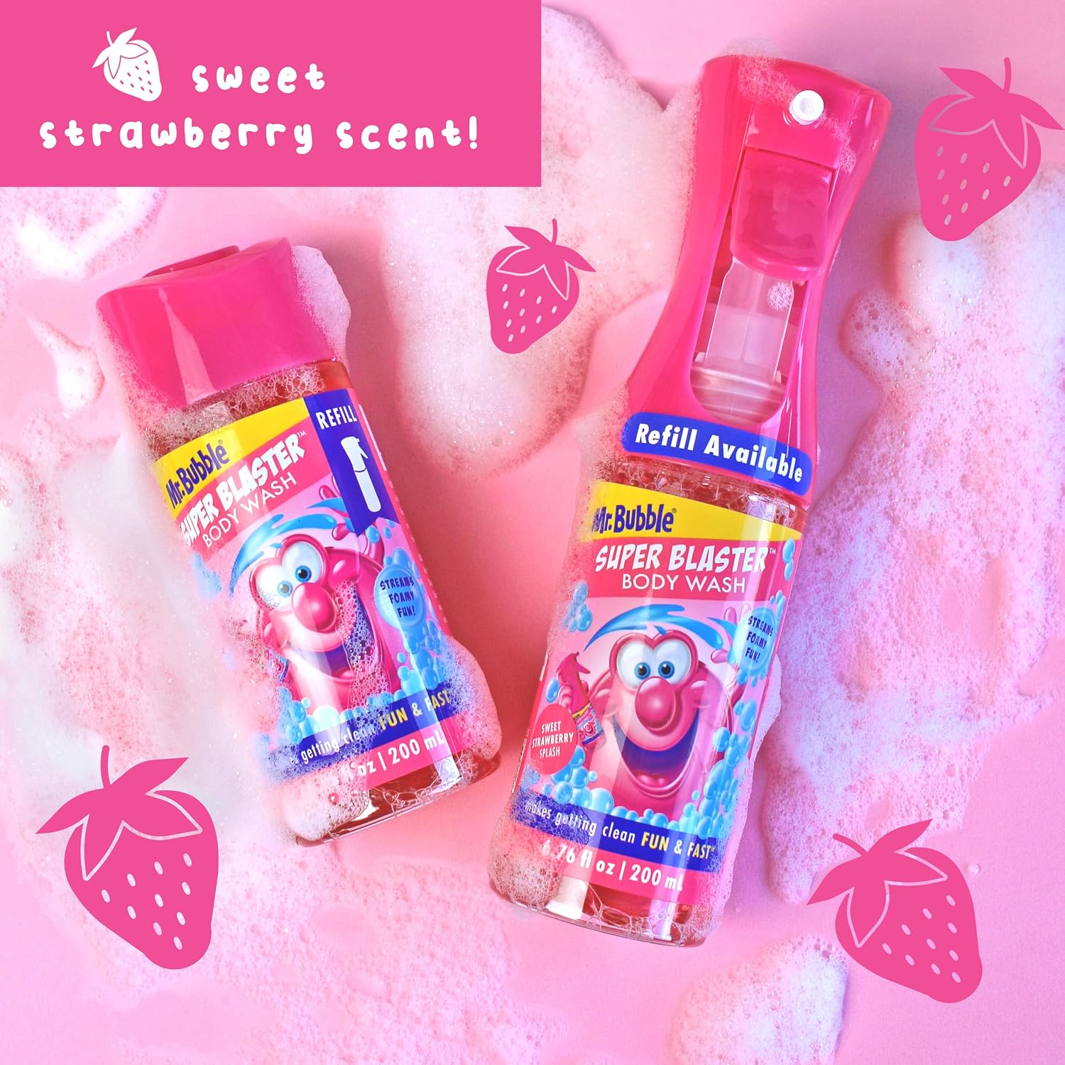 Mr. Bubble Super Blaster Body Wash, Sweet Strawberry Splash Scent, Fun Body Wash Sprayer for Kids Shower and Bath, 6.76 fl oz