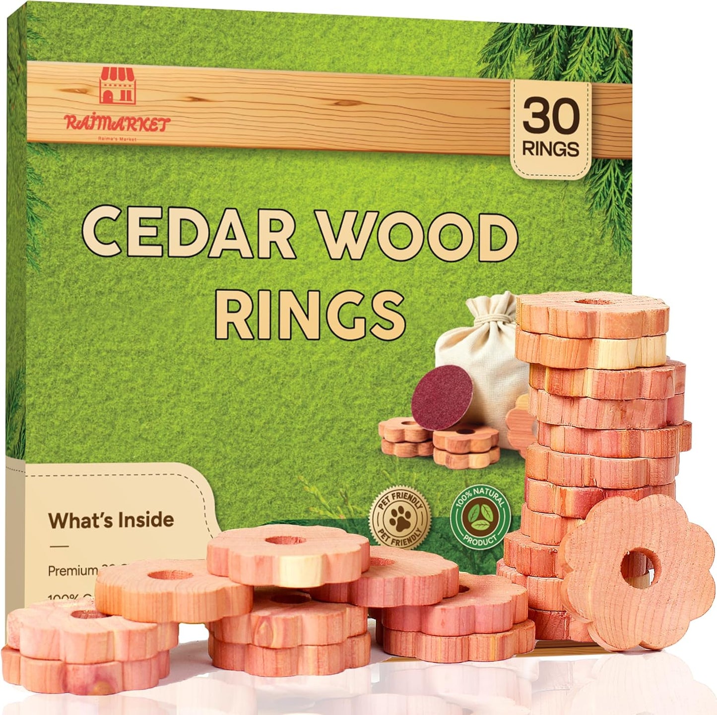 Cedar Blocks for Clothes Storage - Raimarket 30 Pack Cedar Rings - 100% Natural Aromatic Cedar Wood Chips for Closets, Wardrobe, Drawers & Shelves - Scented Wardrobe Freshener- Moisture Absorption