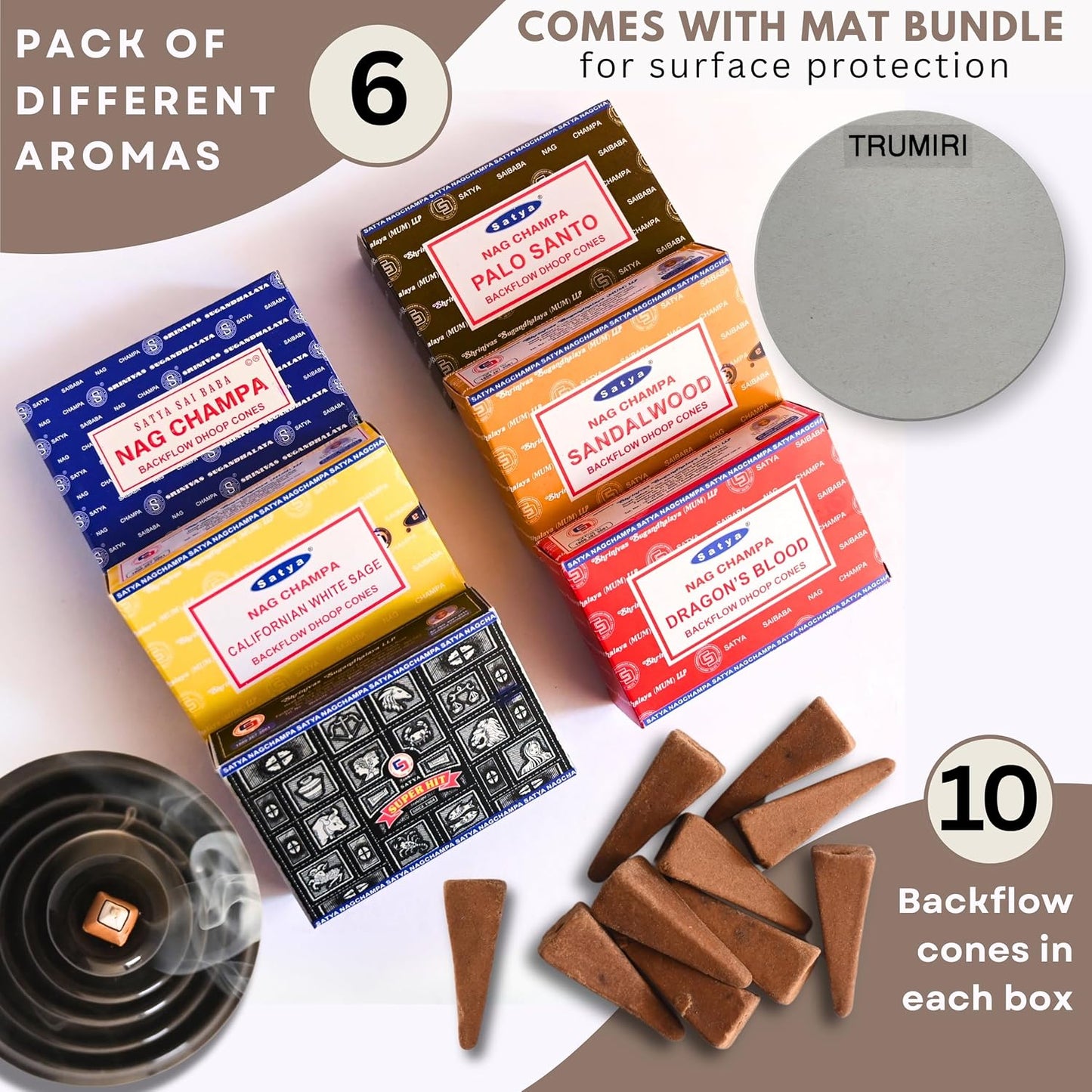 Nag Champa|Super Hit|Dragons Blood|Palo Santo|Sandalwood|Californian White Sage Variety Pack Backflow Incense Cones for Waterfall Aromatic Smoke Fountain Haze Falls and Mat Bundle - Pack of 6