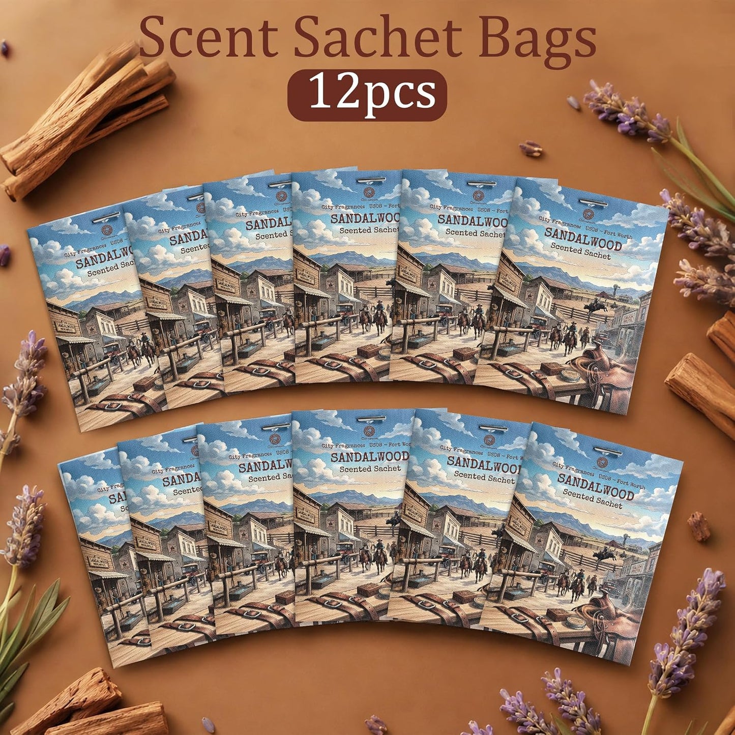 US08-Fort Worth Sandalwood Sachets for Drawers, Closets & Cars, 12 Pack | Car Air Freshener sachets with Fort Worth Sandalwood scent. Freshens closets, drawers, cars and small spaces.
