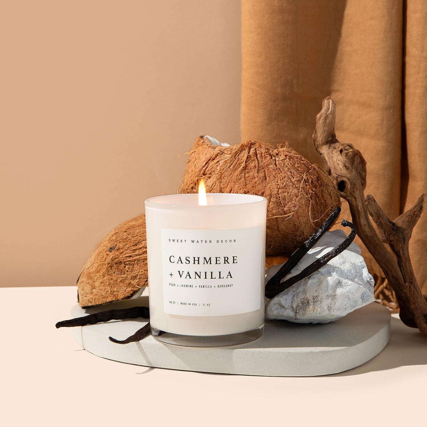 Sweet Water Decor Cashmere and Vanilla Soy Candle - Soft Cashmere, Sandalwood, Jasmine, and Vanilla Scented Candle for Spring - 11oz White Jar and Wood Lid, 50+ Hour Burn Time, Made in The USA
