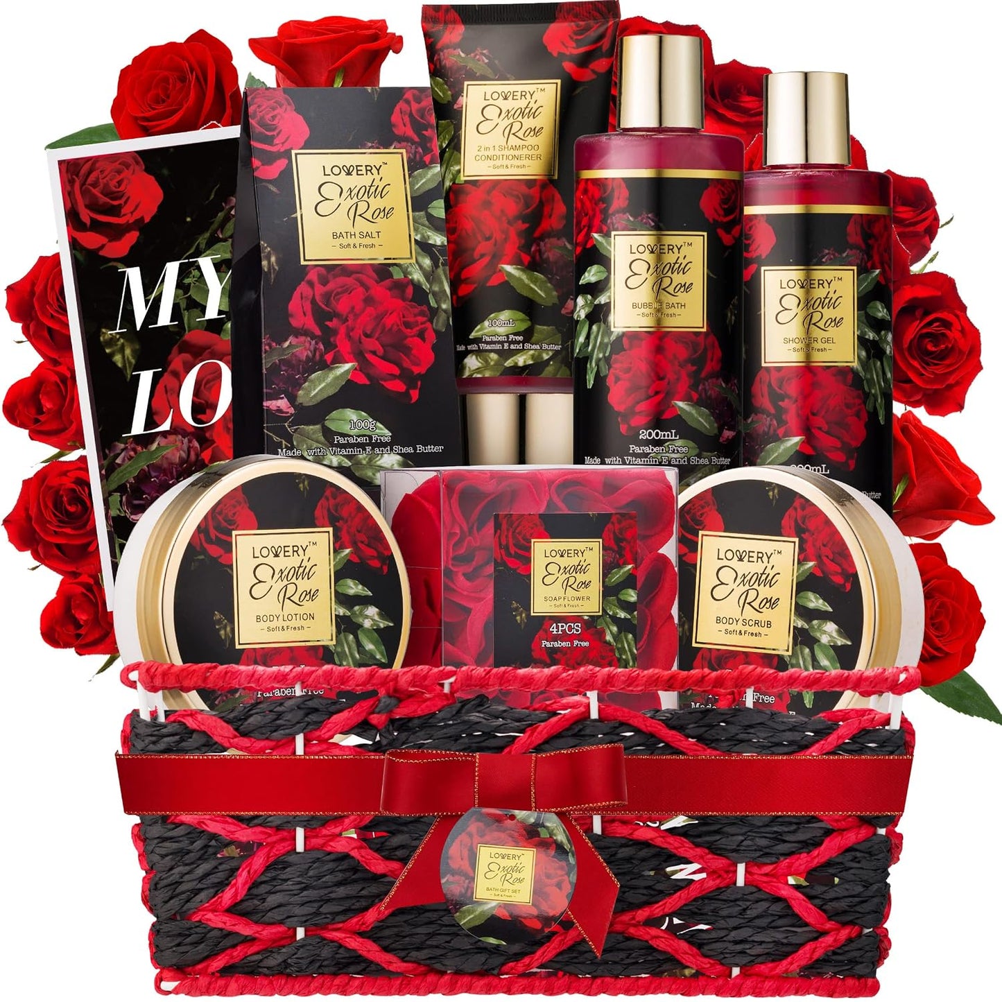 Mothers Day Gifts from Daughter and Son, Spa Bath and Body Gift Set, Exotic Rose Gift Basket for Women & Men, Thank You, Birthday, Mom, Personalized Gifts with Body Scrub, Bubble Bath, Lotion & More