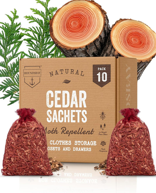 HOUNDSBAY Cedar Sachets for Drawers and Closets, 10 Pack Red Cedar Chips