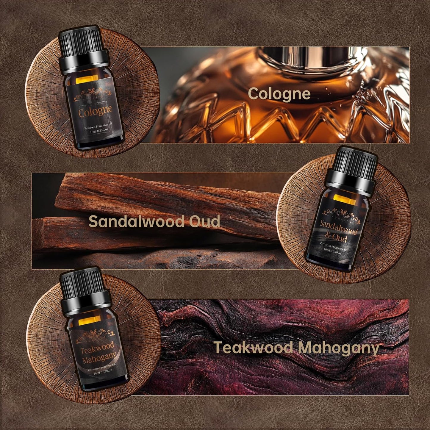 Men Essential Oils Set for Diffuser, Father's Day & Birthday Gift for Men - 6x10ml Masculine Fragrance Oils for Candle Making, Scented Oil Gift Set, Mahogany, Sandalwood, Cologne,Smoke Vanilla,Leather