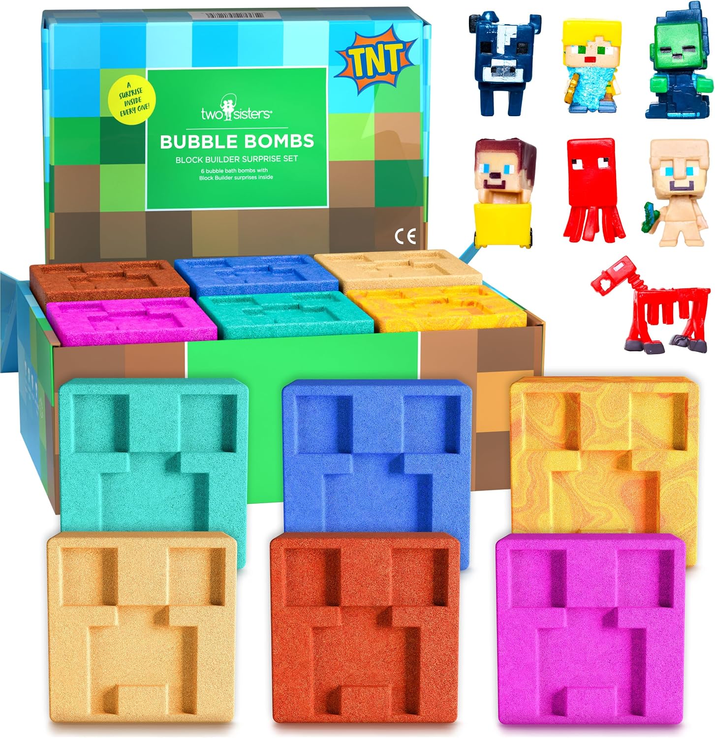 TNT Creeper Bath Bombs for Kids with Surprise Toys Inside (6 Pack) – Large Fizzy Bubble Mine Bomb - Easter Basket Stuffers for Boys, Fruity Scent, Skin-Safe, USA Made by Two Sisters