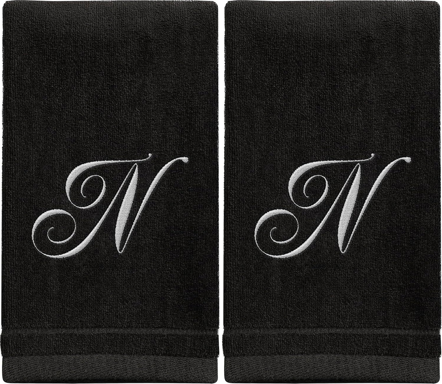 Monogrammed Towels Fingertip, Personalized Gift, 11 x 18 Inches - Set of 2 White Embroidered Towel - Extra Absorbent 100% Cotton - Soft Velour Finish - For Bathroom/ Kitchen/ Spa - Initial N (Black)