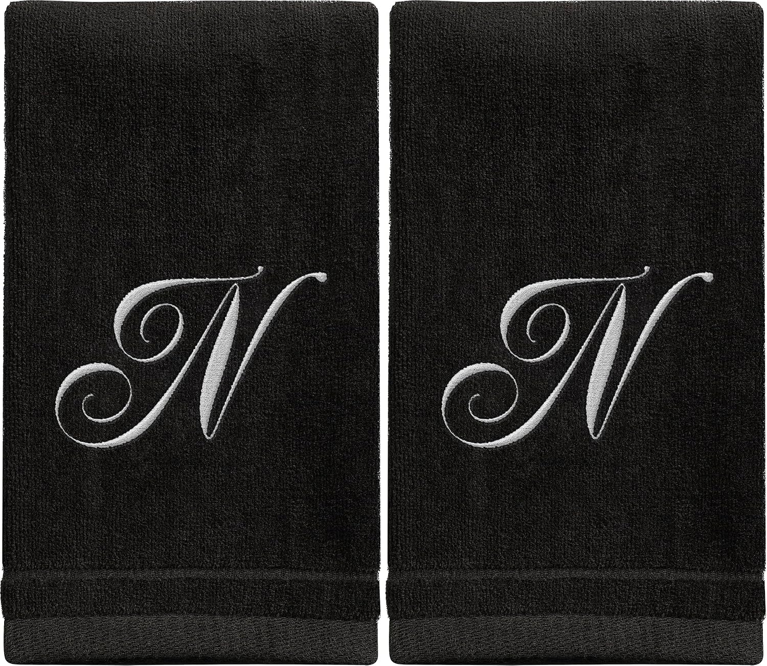 Monogrammed Towels Fingertip, Personalized Gift, 11 x 18 Inches - Set of 2 White Embroidered Towel - Extra Absorbent 100% Cotton - Soft Velour Finish - For Bathroom/ Kitchen/ Spa - Initial N (Black)