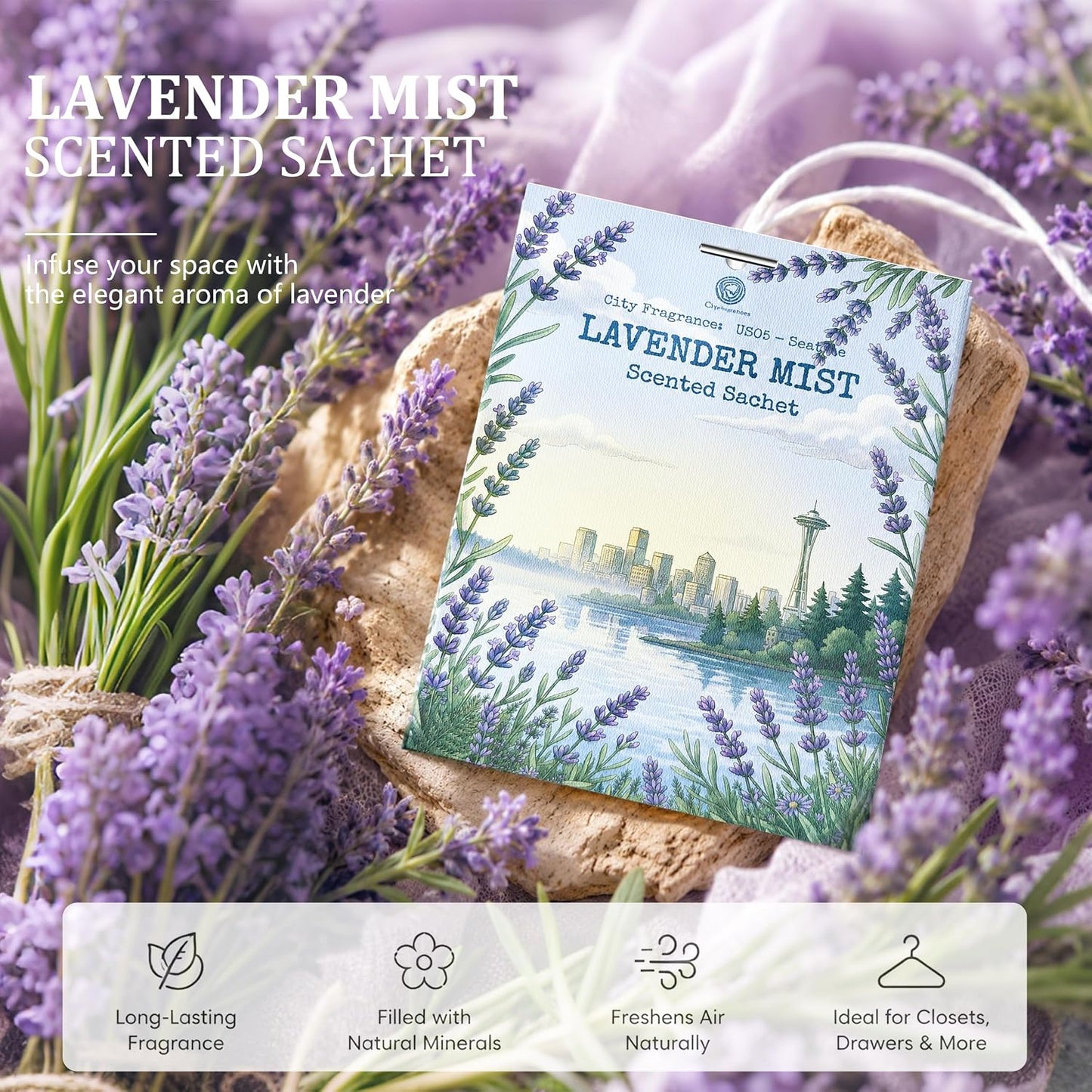 US05-Seattle Lavender Mist Sachets for Drawers, Closets & Cars, 12 Pack | Car Air Freshener sachets with Seattle Lavender Mist scent. Freshens closets, drawers, cars and small spaces.