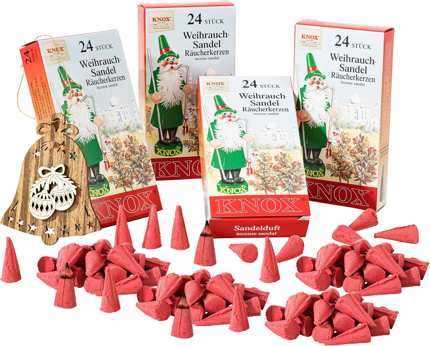 MaMeMi German Incense Cones Sandalwood – Knox 4 Packs (96 Cones) for Smoker Houses & Figurines | Warm, Woody Aroma | Gift Set with Wooden Ornament | Traditional Erzgebirge