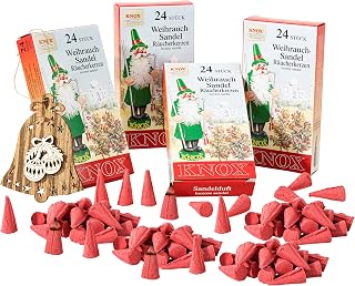MaMeMi German Incense Cones Sandalwood – Knox 4 Packs (96 Cones) for Smoker Houses & Figurines | Warm, Woody Aroma | Gift Set with Wooden Ornament | Traditional Erzgebirge