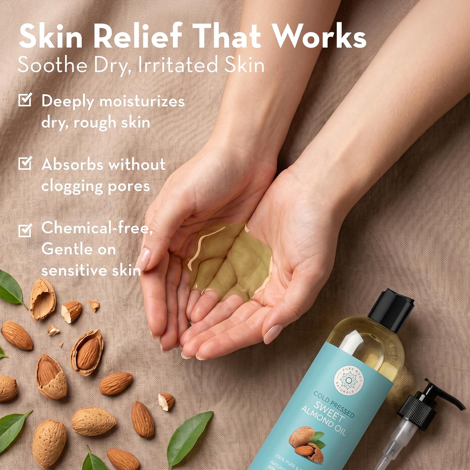 Pure Body Naturals Sweet Almond Oil for Skin and Hair, Cold Pressed Almond Oil, Almond Body Oil, Sweet Almond Carrier Oil, Fast Absorbing Moisturizer, 16 fl oz