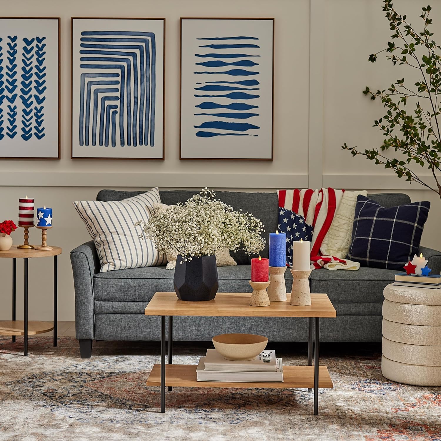Luminara Flameless LED Stars & Stripes, 2 Patriotic Americana Pillar Candles, Timer, Remote Ready, American Flag Design for July 4th Memorial Day