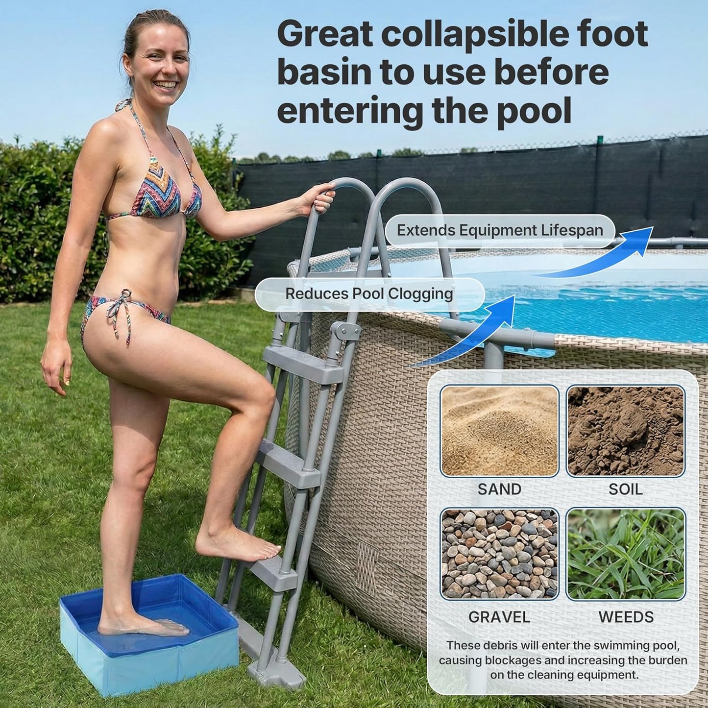 Swimming Pool Foot Bath Basin, Collapsible Foot Bath for Above Pools Accessories for Above Pools Entry Ladder Portable for Beach Camping Spa Backyard Use, Square 16" L x 12" W