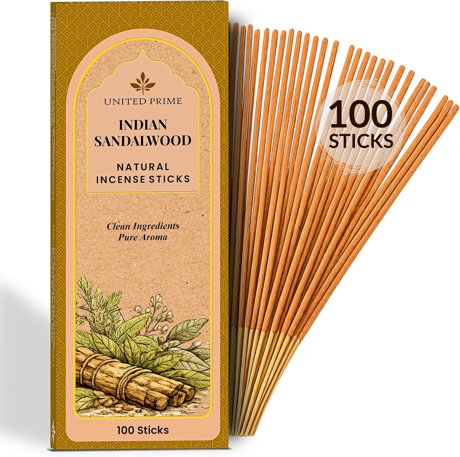 Natural Sandalwood Incense Sticks, 100 Sticks, Organic Insence Non Toxic, No Charcoal Clean Burning, Handmade from Upcycled Flowers, Positive Vibes Inscent Calming Aroma