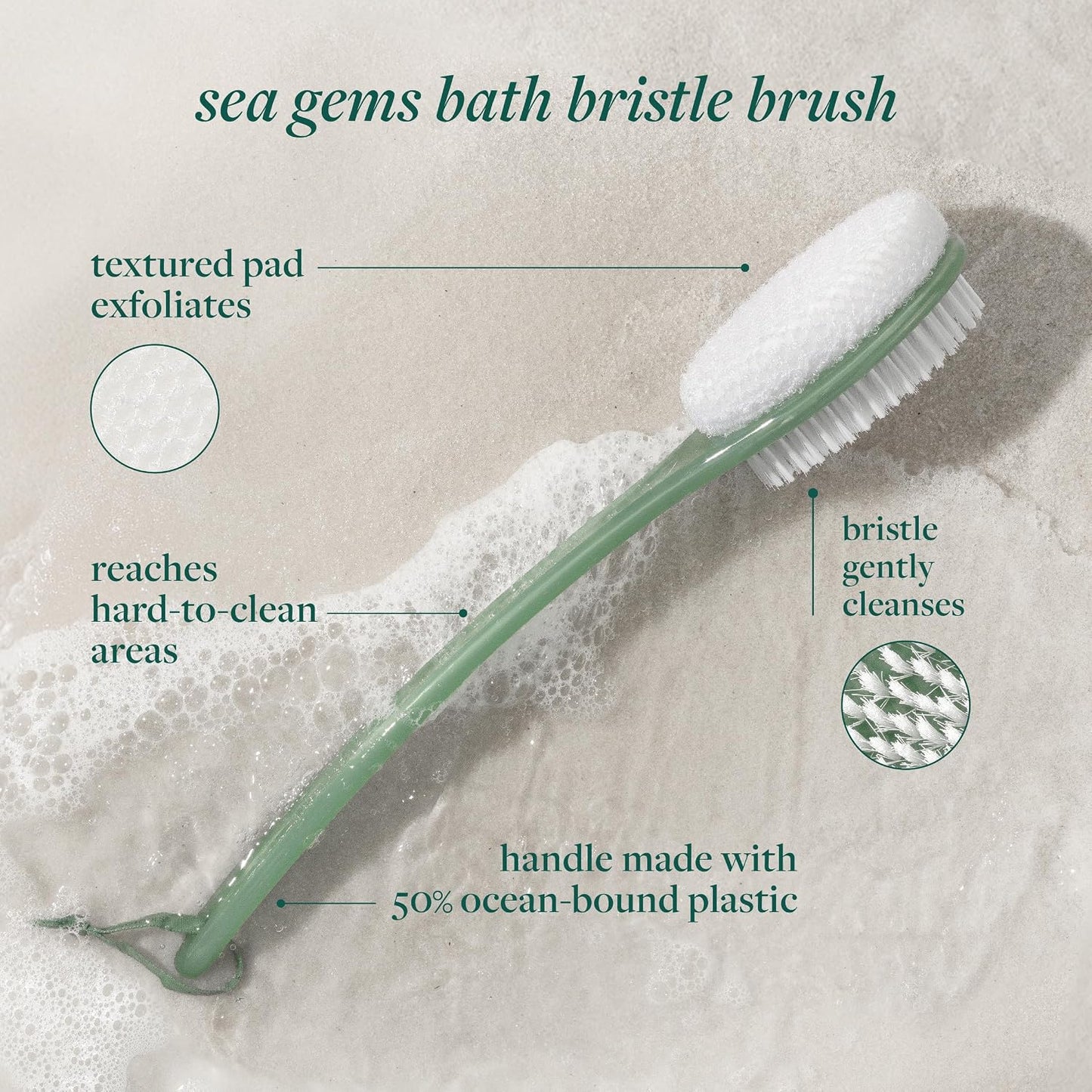EcoTools Sea Gems Bath Bristle Brush, Dual-Sided Shower Brush for Cleansing & Exfoliating with Long Handle for Cleaning Back, Low-Waste Design, Vegan & Cruelty-Free, 1 Count