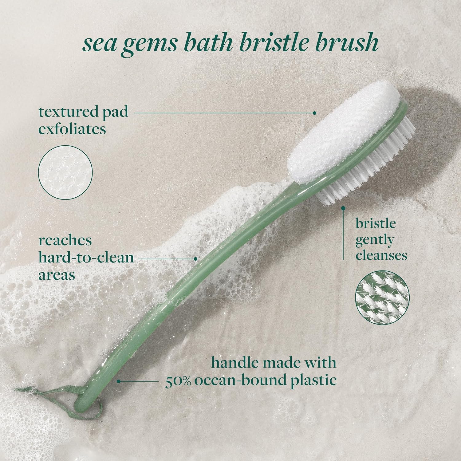 EcoTools Sea Gems Bath Bristle Brush, Dual-Sided Shower Brush for Cleansing & Exfoliating with Long Handle for Cleaning Back, Low-Waste Design, Vegan & Cruelty-Free, 1 Count