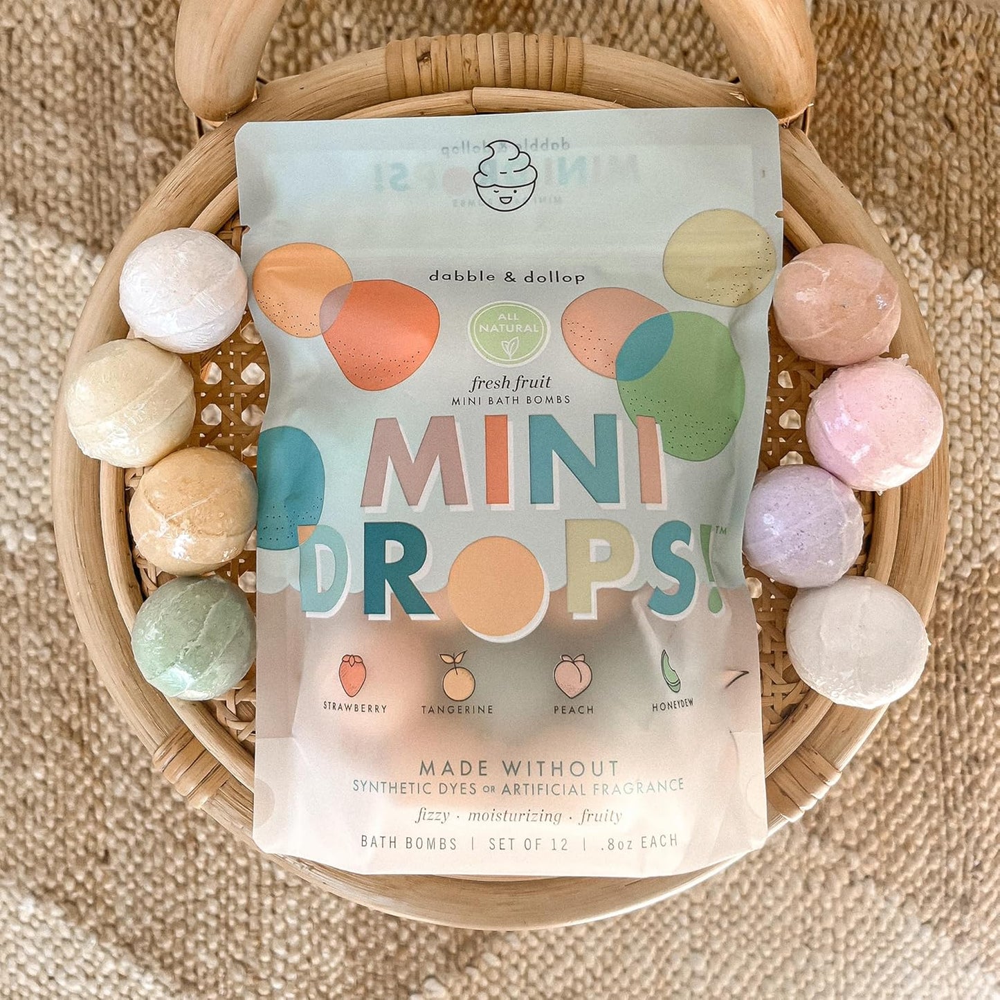 Dabble & Dollop Mini Bath Bombs, Fresh Fruit Scents - Natural Origin, Mixable Scents, Clean Ingredients, No Synthetic Dyes, Toddler & Kids Bath Bombs in Resealable Pouches (Set of 24)