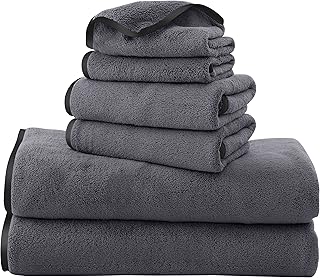 TENSTARS Luxury Silk Hemming Towel Set - Light Thin Quick Drying - 2 Bath Towels 2 Hand Towels 2 Washcloths - Ultra Soft Microfiber, for Bath Fitness, Sports, Yoga, Travel (Dark Grey 6 Pieces)