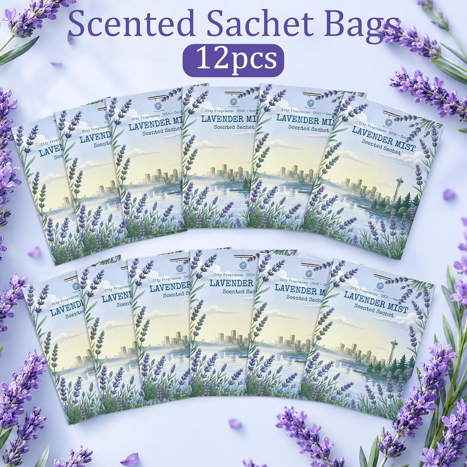 US05-Seattle Lavender Mist Sachets for Drawers, Closets & Cars, 12 Pack | Car Air Freshener sachets with Seattle Lavender Mist scent. Freshens closets, drawers, cars and small spaces.