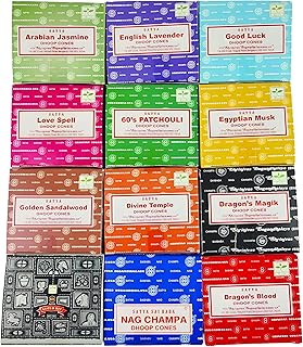 Satya Sai Baba Nag Champa Incense Dhoop Cones for Meditation, Yoga and Stress Relief - 12 Pack, 144 Cones with Natural Fragrance