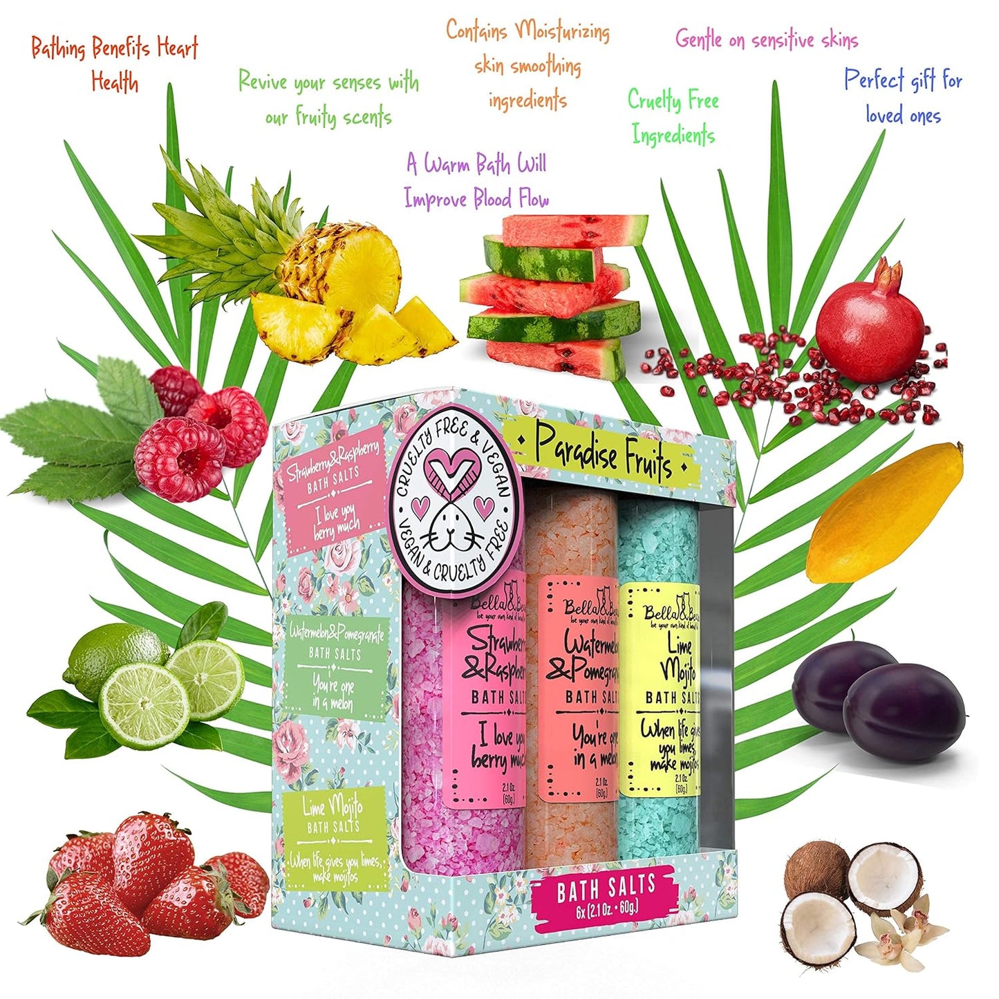 Bath Salts for Women – Relaxing Spa & Foot Soak – Bella & Bear Paradise Fruits – Fruity Scented Bath Soak Gift Set (6 Pack, 2oz) – Vegan & Cruelty-Free