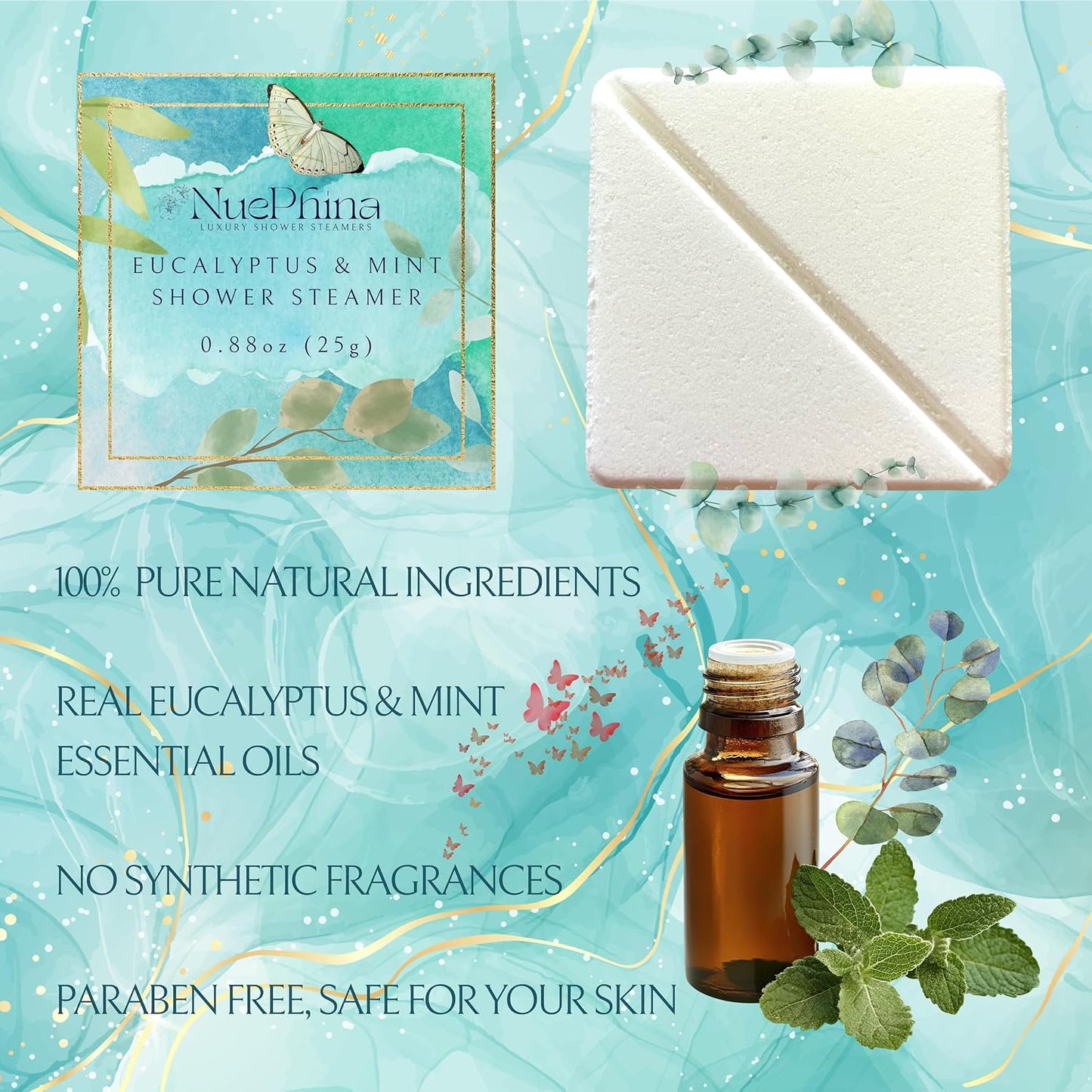 Luxury Eucalyptus and Mint Shower Steamers, 100% Natural Ingredients with Pure Essential Oils. These Steamers Will Create a Fresh Escape to Relieve Your Senses. A Premium Self-Care Gift for Women