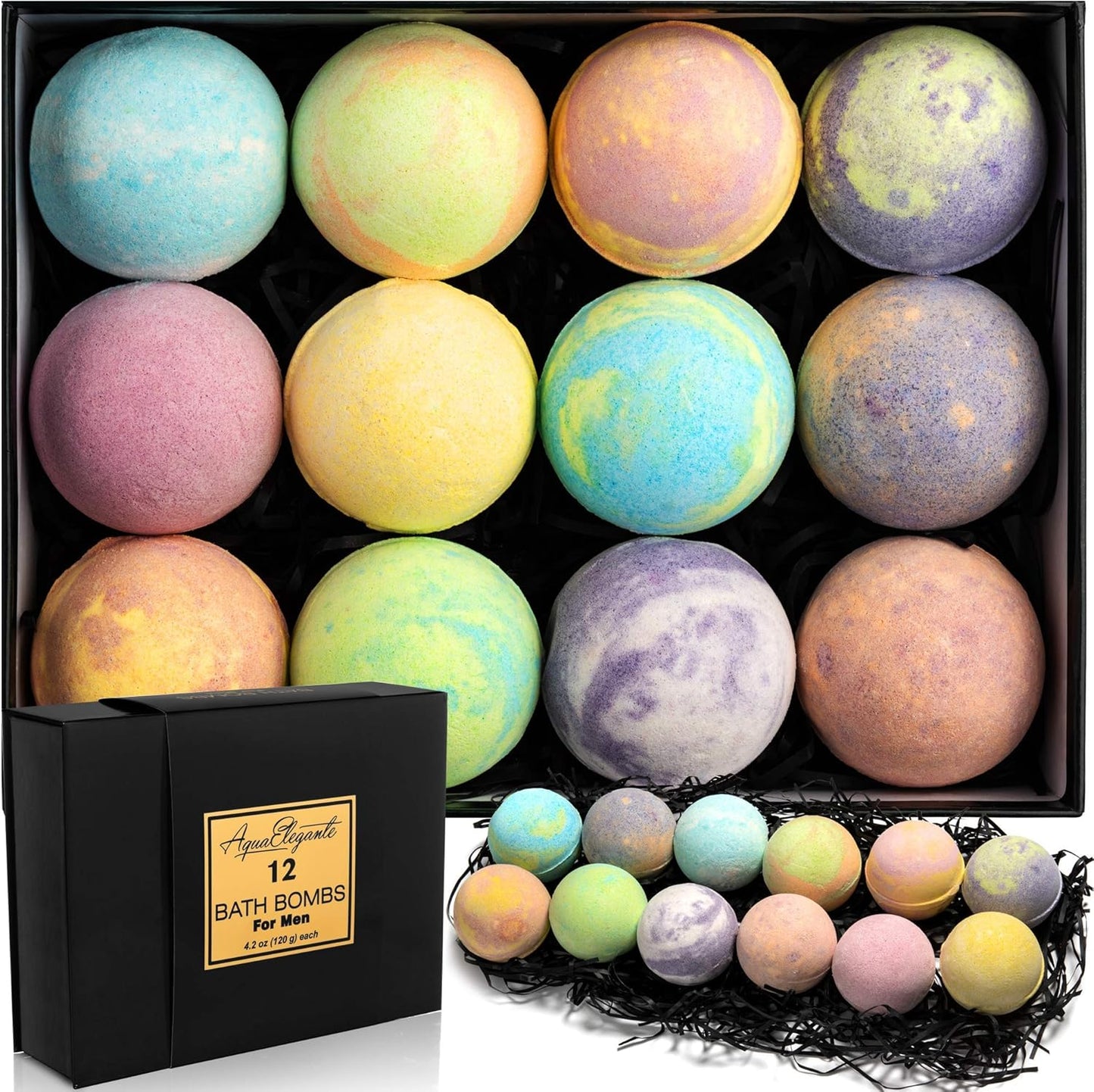 Aqua Elegante Luxury Bath Bombs for Men - Gift Set of 12 Large Bathbombs with Essential Oils, Shea Butter, Coconut Oil - No Stain, Natural, Vegan Moisturizing Spa Present for Dad, Husband, Boyfriend