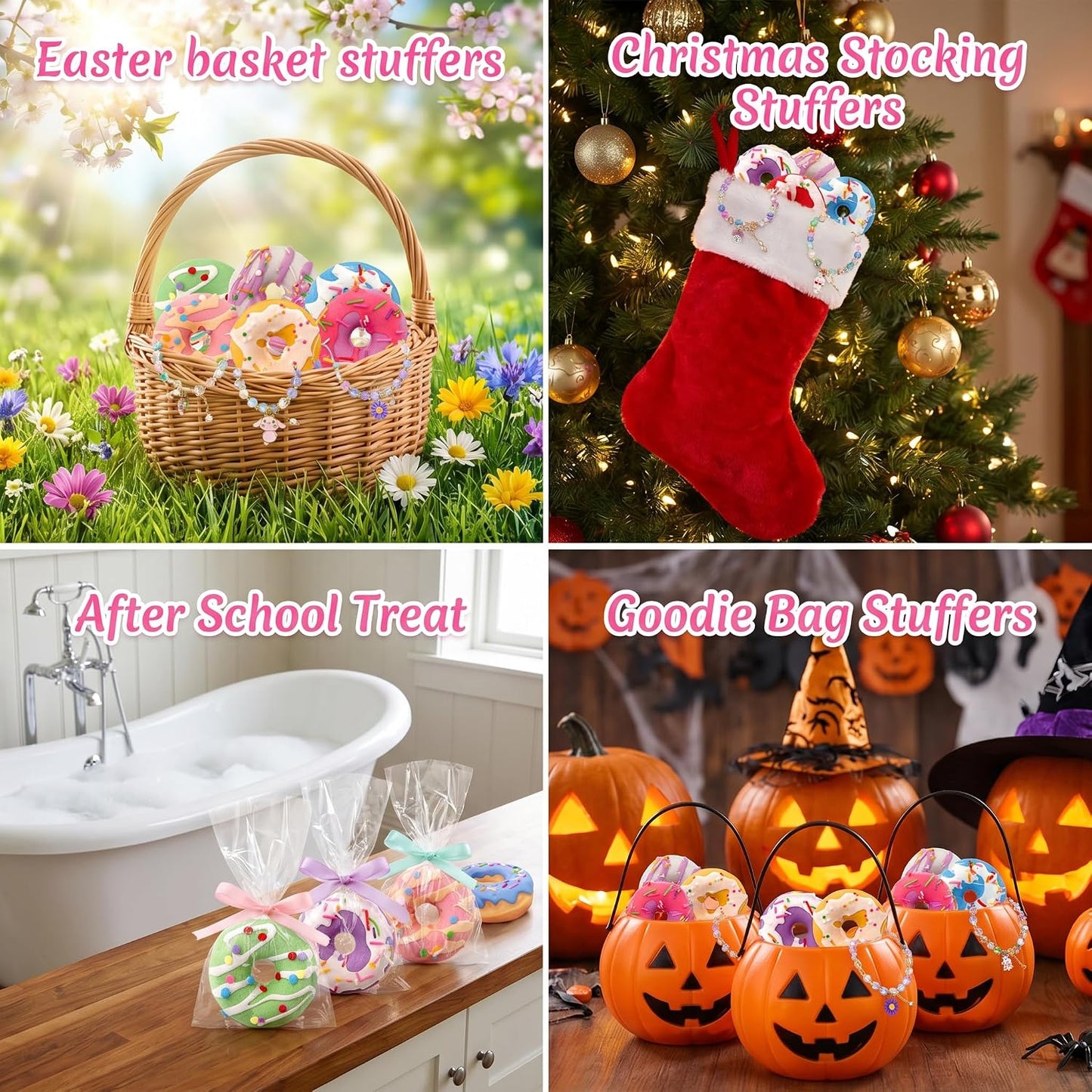 Donut Bath Bombs for Kids Girls, Natural and Safe Kids Bath Bombs with Bracelets Inside for Birthday, Calming and Long-Lasting Scent