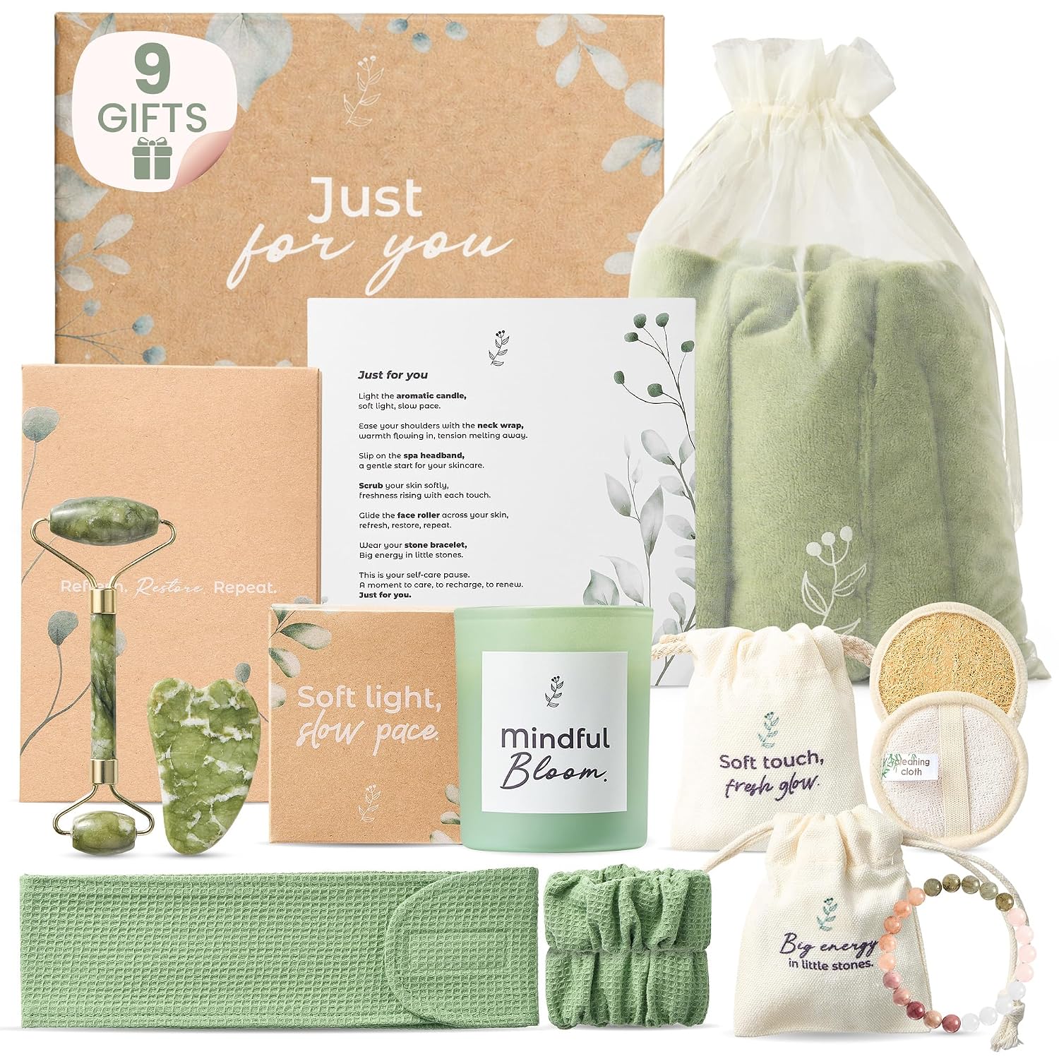 Birthday Gift Set for Women, Self Care Gift Baskets for Women with Neck Wrap, Spa Head Band & Bracelet, Face Roller, Gua Sha, Face Scrubbers, Aromatic Candle and Healing Stone Bracelet, Self Care Kit.