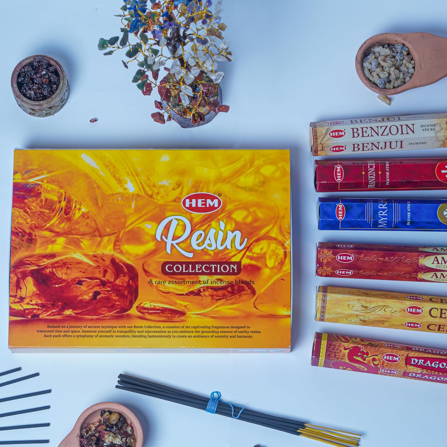 HEM Resin Series Premium Incense Sticks – Benzoin, Myrrh, Copal, Amber, Frankincense & Dragon Blood (Pack of 6, 120 Sticks) | Natural Resin Fragrance for Rituals, Cleansing & Meditation