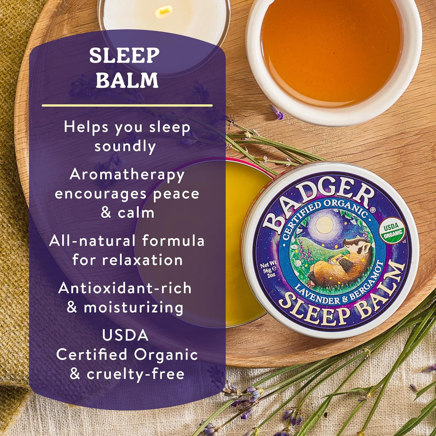 Badger Sleep Balm, Organic Essential Oil Aromatherapy Natural Sleep Balm for Adults & Kids, Relaxing & Calming Lavender & Bergamot Natural Sleep Support, .75 oz Tin