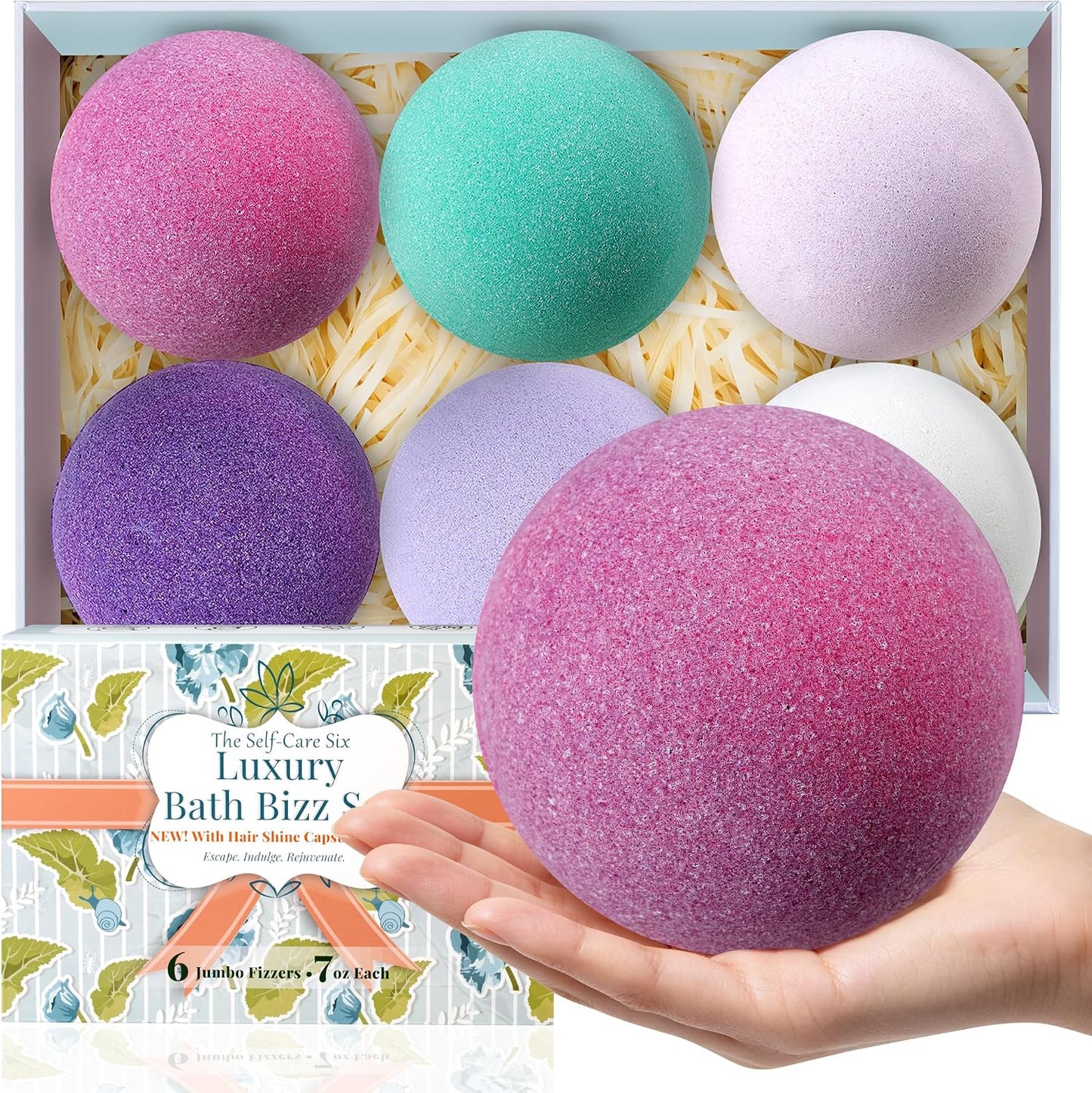 Jumbo Bath Bombs Gift Set for Women, 6 Pack 7 oz Fizzies | 6 Floral-Scented Jumbo 7 oz Bath Bombs with Hair Capsule, Colorful Fizz, Spa Gifts for Women, Mom, Wife, Girlfriend