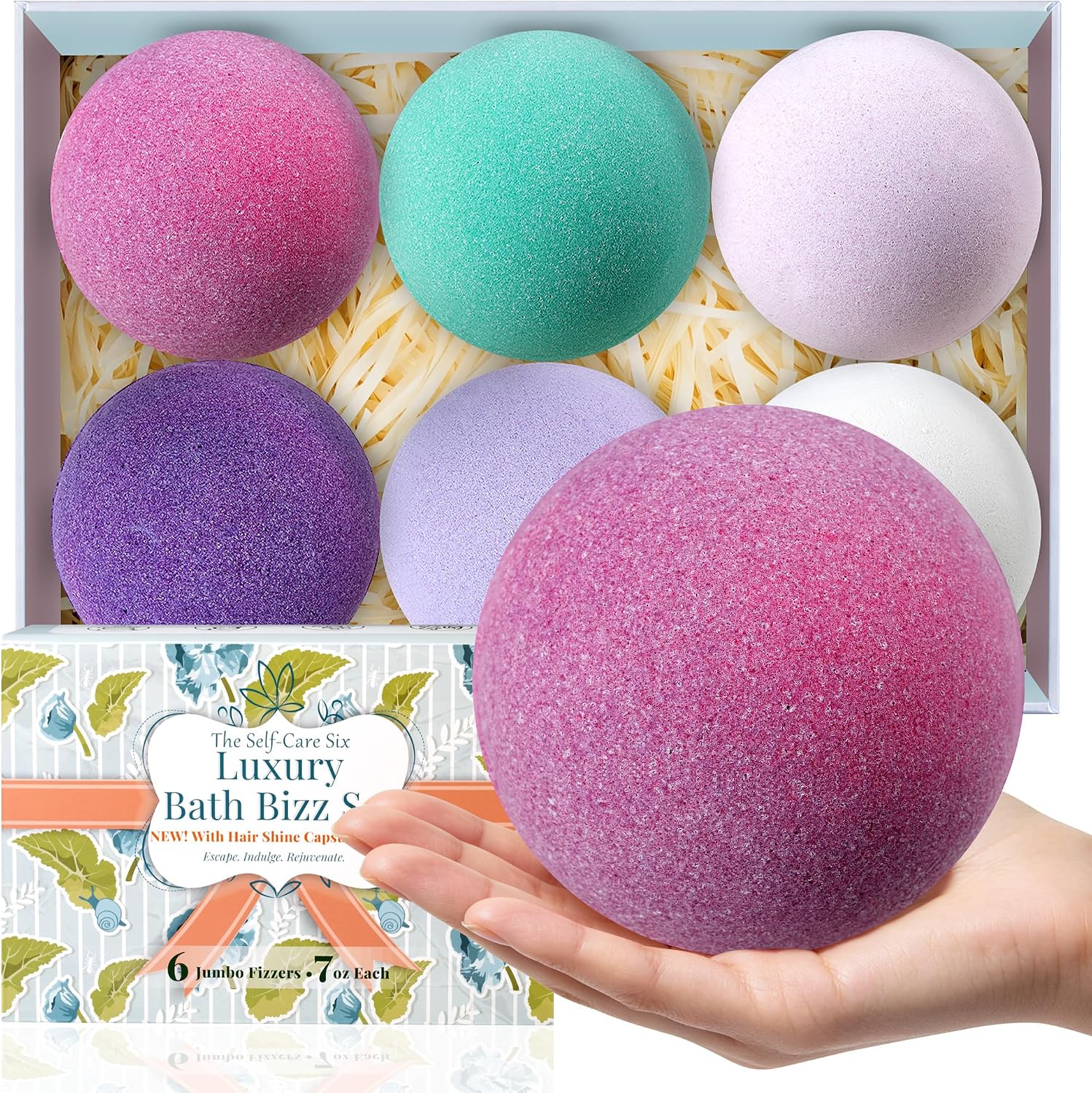 Jumbo Bath Bombs Gift Set for Women, 6 Pack 7 oz Fizzies | 6 Floral-Scented Jumbo 7 oz Bath Bombs with Hair Capsule, Colorful Fizz, Spa Gifts for Women, Mom, Wife, Girlfriend