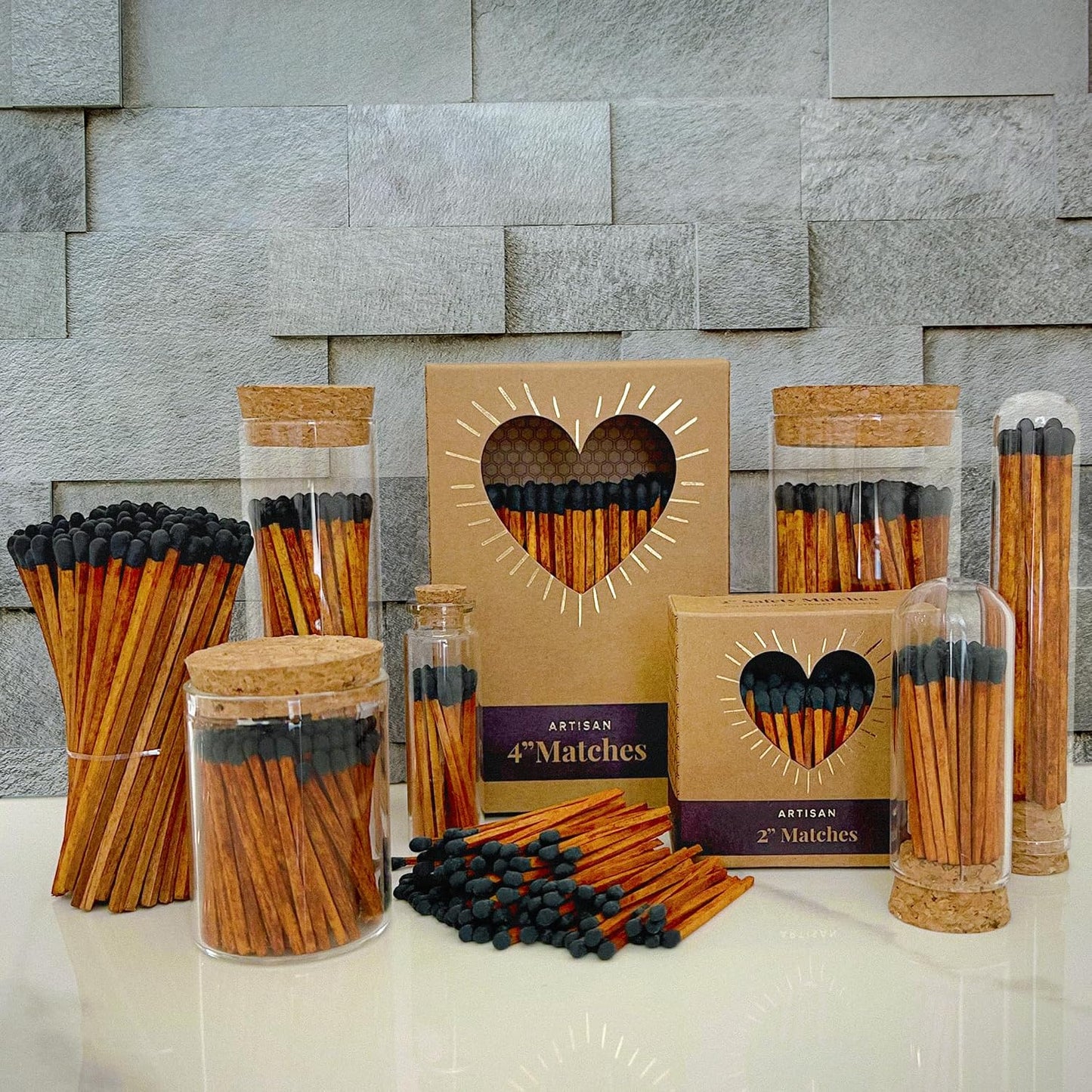 2" Espresso Matches in 3 Mini Cloche Jars + Striker Stickers Included | 100 Brown Stick Black Tip Decorative Matches with Glass Holders | Gifts, Home Decor, & Candle Accessories by Thankful Greetings