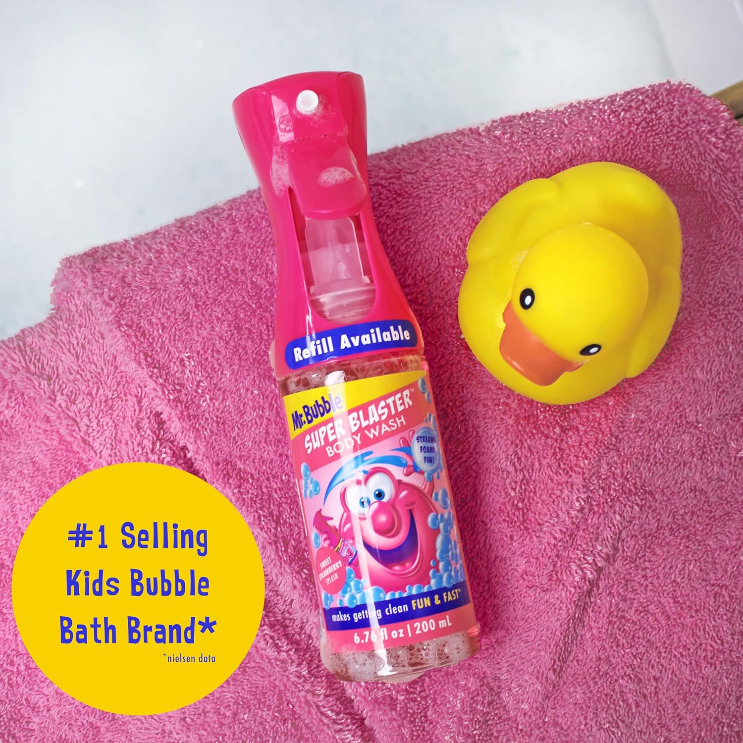 Mr. Bubble Super Blaster Body Wash, Sweet Strawberry Splash Scent, Fun Body Wash Sprayer for Kids Shower and Bath, 6.76 fl oz
