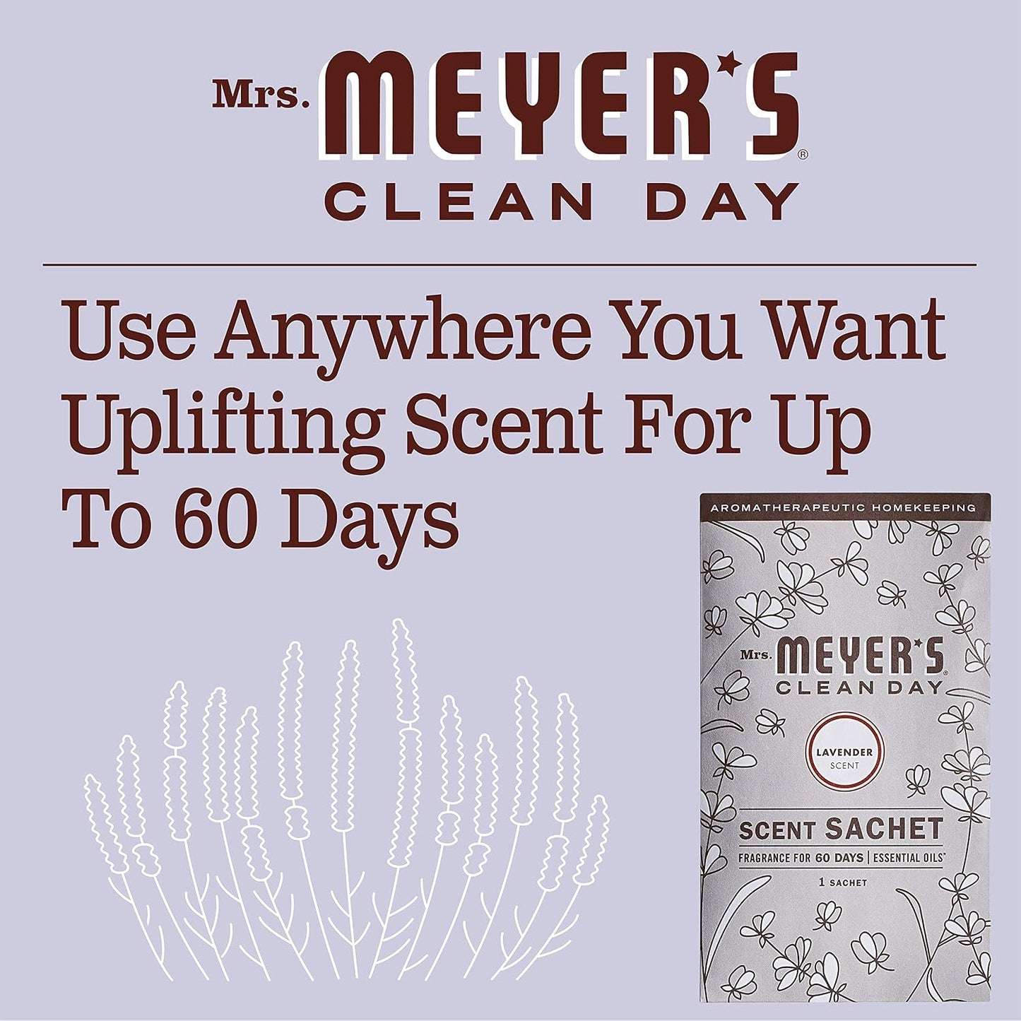 MRS. MEYER'S Clean Day Air Freshener Sachets, Fragrance for Your Locker, Car, Closet, and Gym Bag, Lavender, Pack of 3