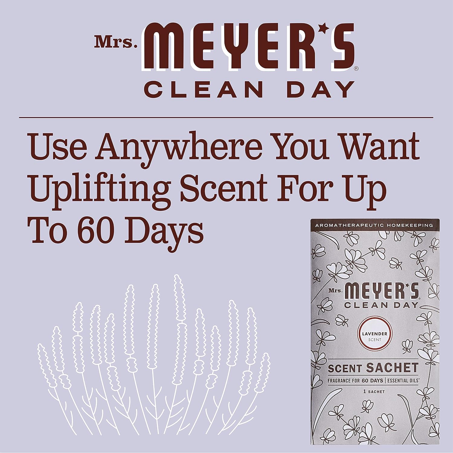 MRS. MEYER'S Clean Day Air Freshener Sachets, Fragrance for Your Locker, Car, Closet, and Gym Bag, Lavender, Pack of 3