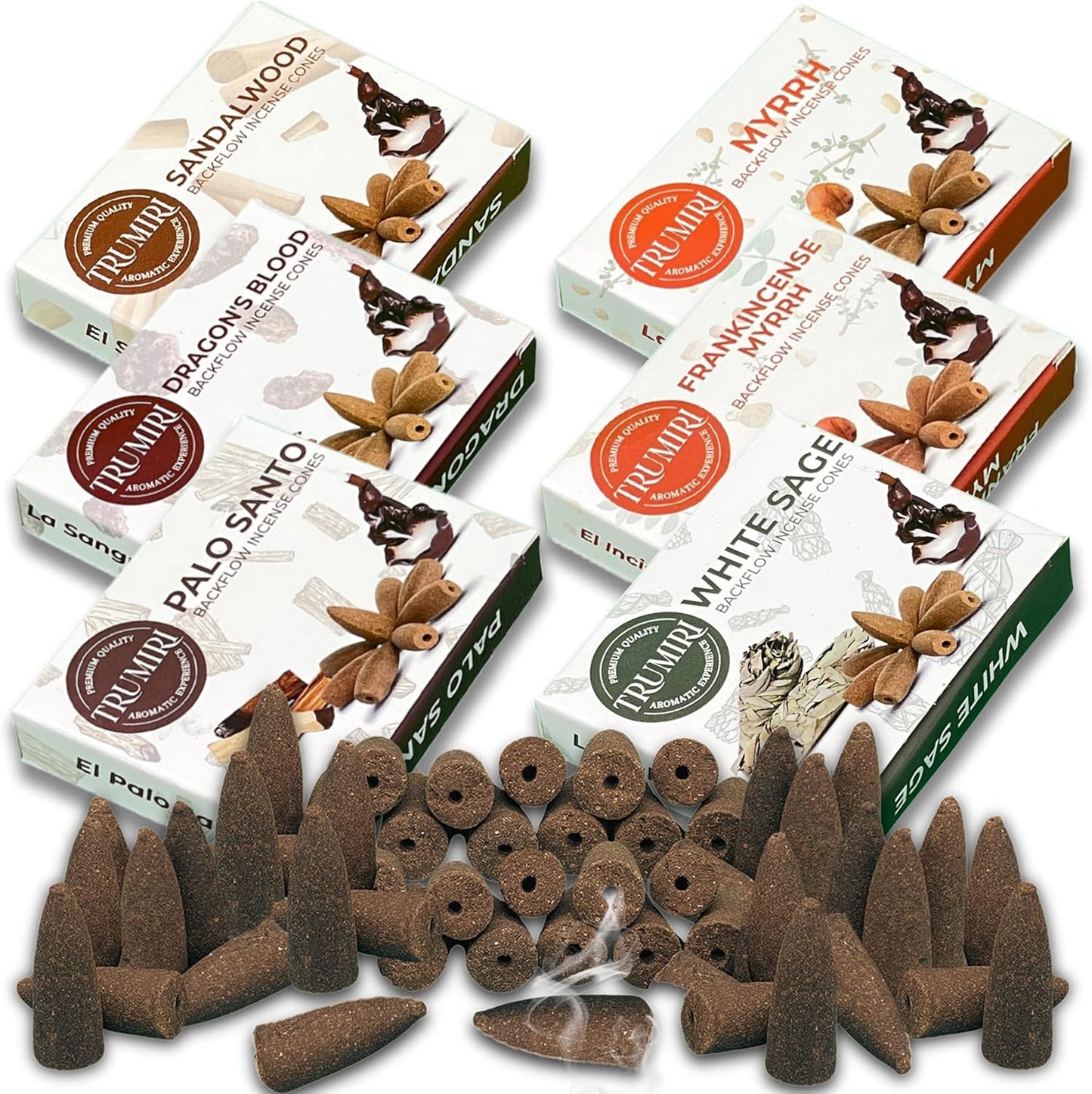 Woody - Backflow Incense Cones for Waterfall - Scented Inscents-Cones - Sandalwood, Dragons Blood, Palo Santo, White Sage - Insiensos Aromaticos - 6x10=60 Large Variety Pack - Back Flow Down Reverse