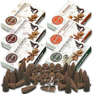 Woody - Backflow Incense Cones for Waterfall - Scented Inscents-Cones - Sandalwood, Dragons Blood, Palo Santo, White Sage - Insiensos Aromaticos - 6x10=60 Large Variety Pack - Back Flow Down Reverse