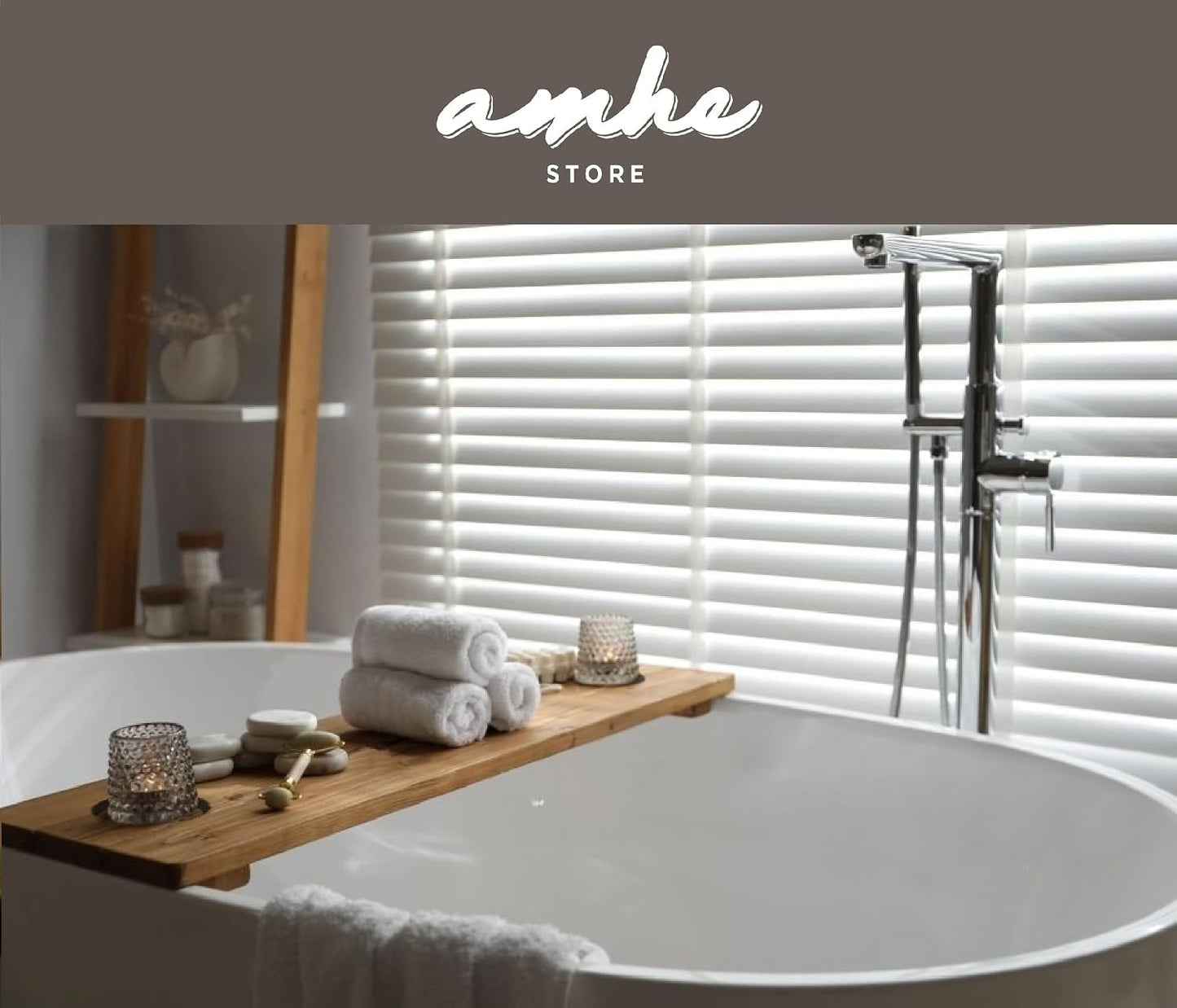 Amhe Store! Luxury Rustic Acacia Wood. Durable, Water-Resistant, Minimalistic, Adjustable 35x9 Inches. Lovely Gift - Box. Bath Tub Tray Wood - Bath Tray for Tub. Unique Natural Grain for Relaxation