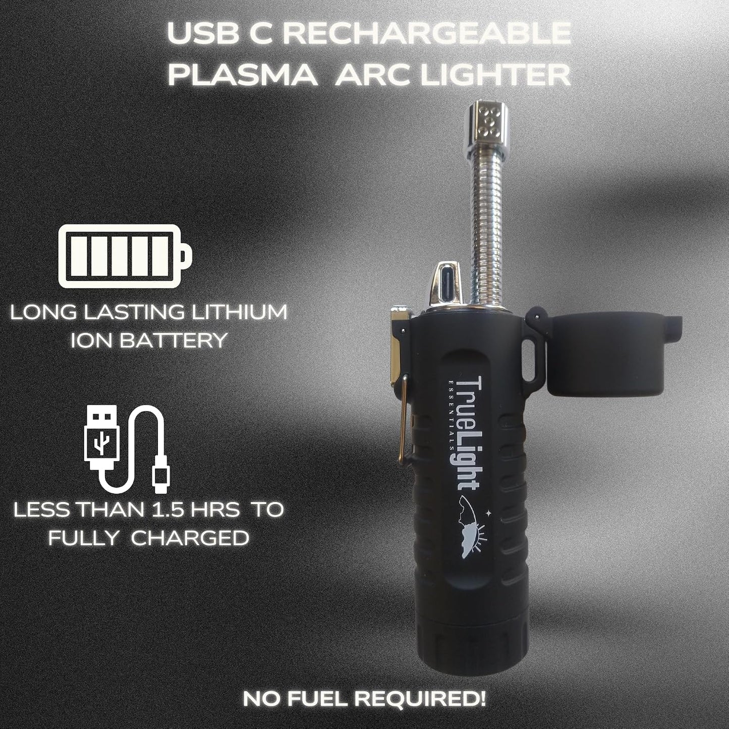 TrueLightEssentials Electric Rechargeable Plasma Lighter - Waterproof USB Arc Lighters with Flashlight LED Battery Indicator and Flexible Neck for Candle Survival Camping Emergency (Black, Long)